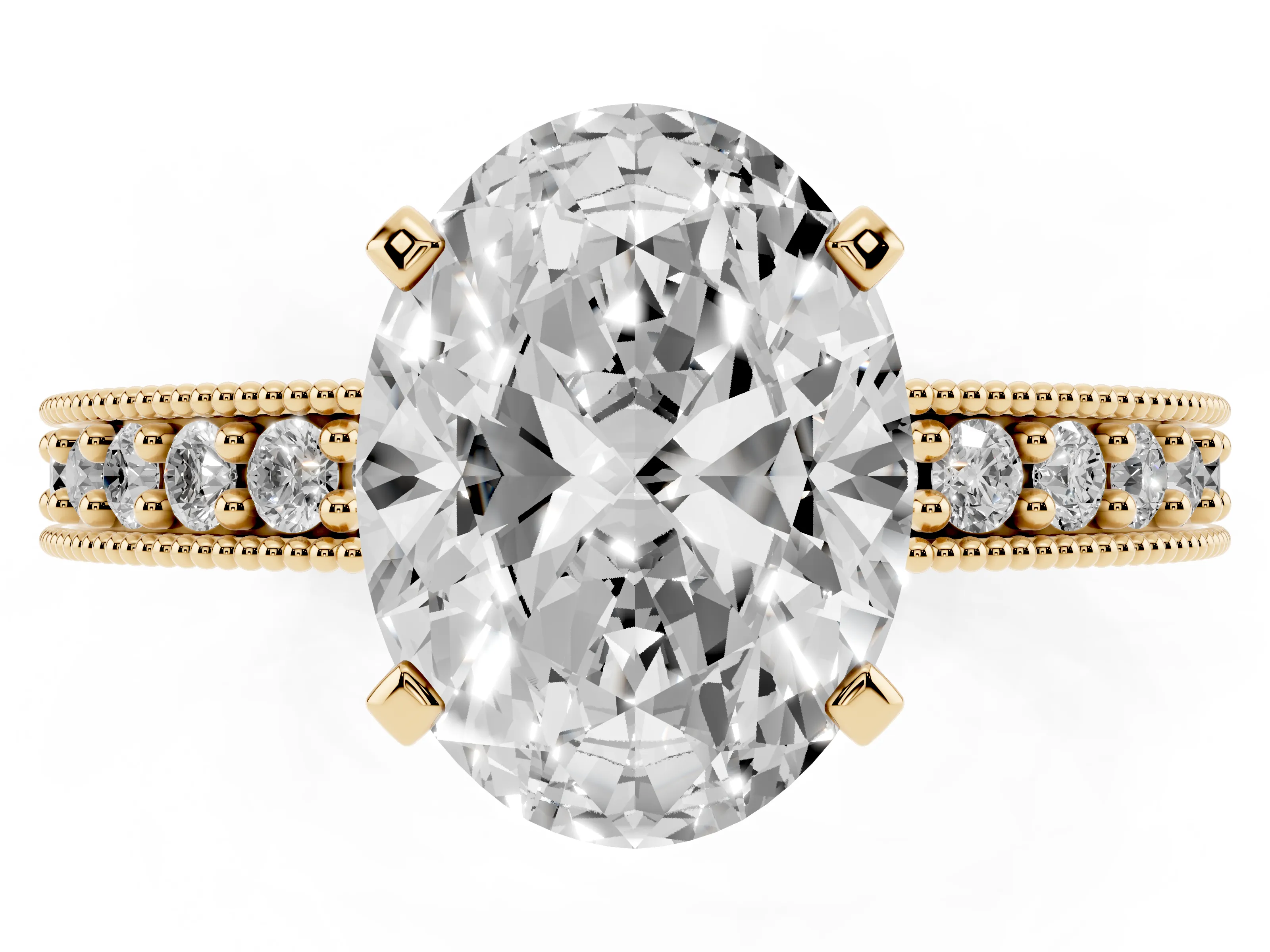 Oval Cut Diamond Milgrain Pavé Engagement Ring Set in Yellow gold with Prong Setting