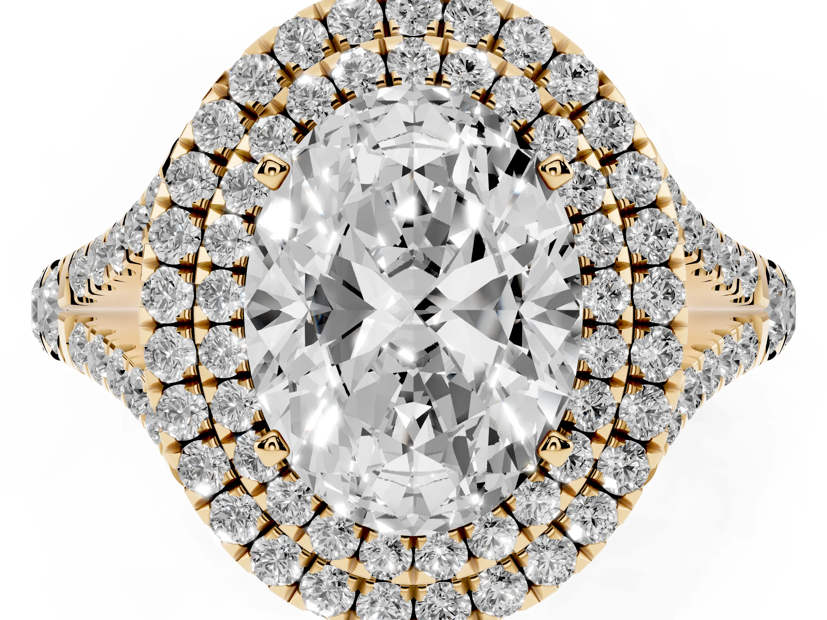 Oval Cut Diamond Pavé Split Shank Double Halo Engagement Ring Set in Yellow gold