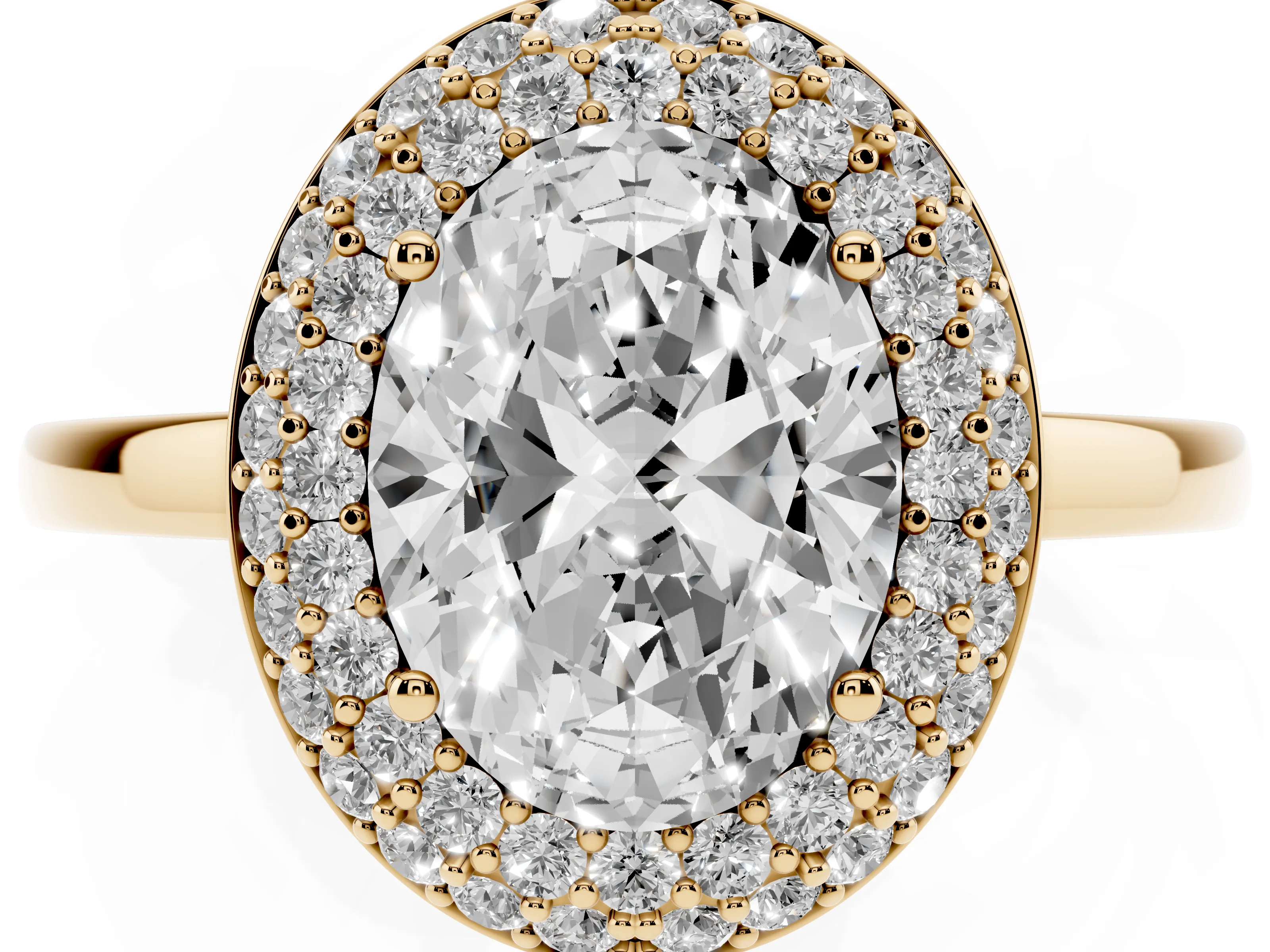 Oval Cut Diamond Halo Engagement Ring Set in Yellow gold with Solitaire Band and Prong Setting