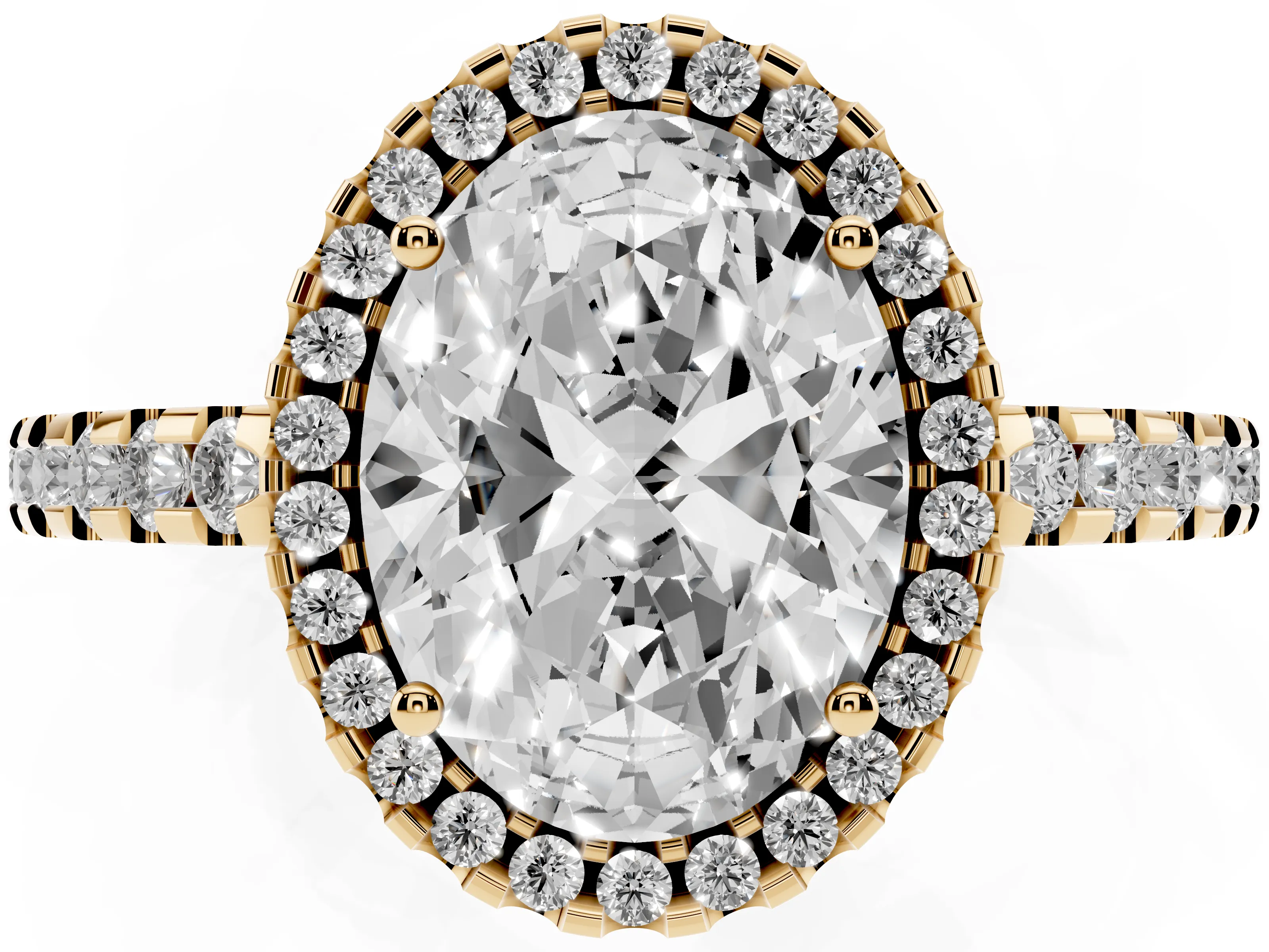 Oval Cut Diamond Halo Ring Set in Yellow gold with Pavé Shoulders and Halo-Framed Center