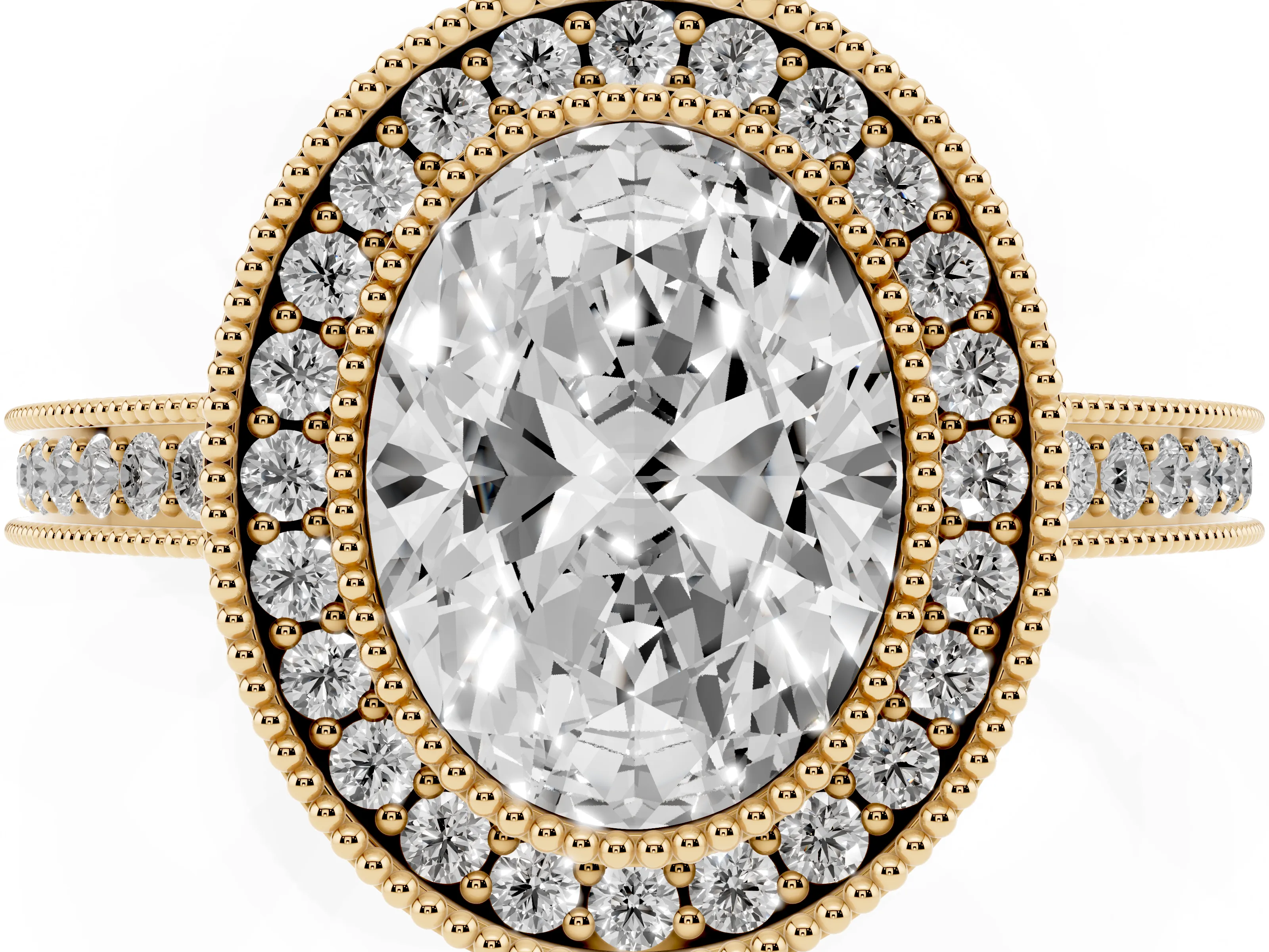 Oval Cut Diamond Halo Ring Set in Yellow gold with Pavé Band and Milgrain-Edged Prongs