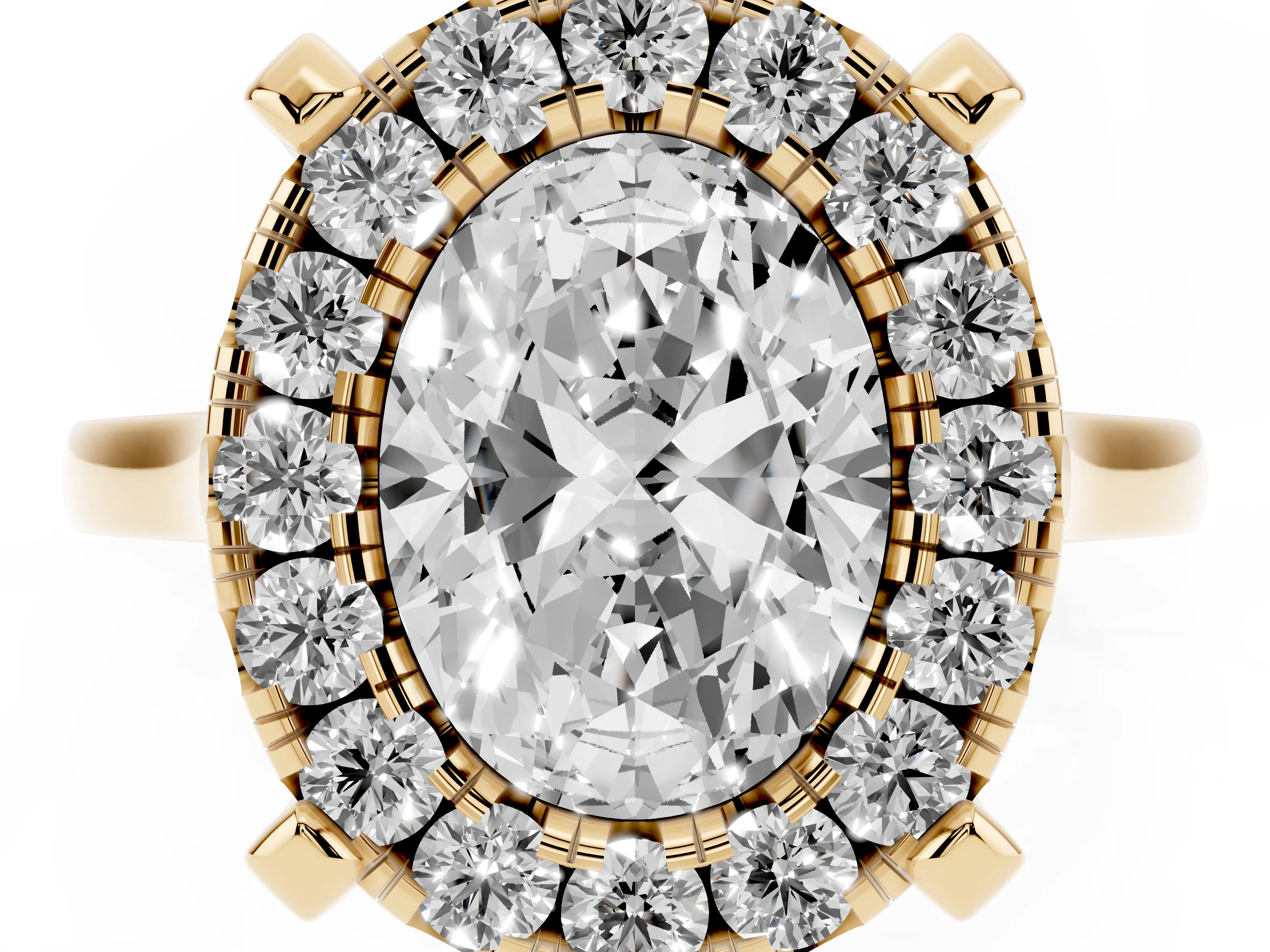 Oval Cut Diamond Cluster Halo Solitaire Ring Set in Yellow gold with Prong Setting