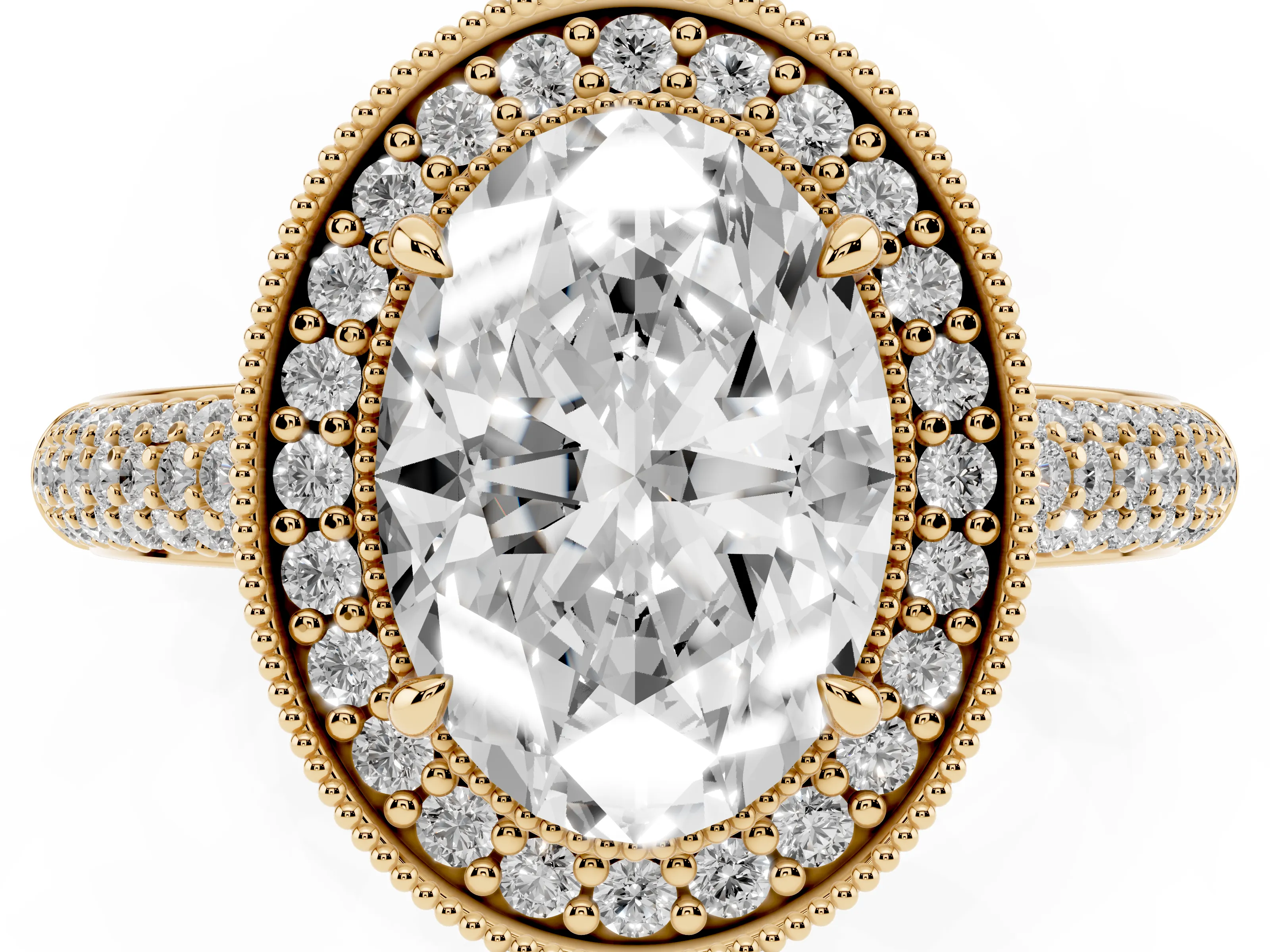 Oval Cut Diamond Halo Pavé Band Set in Yellow gold with Prong Setting