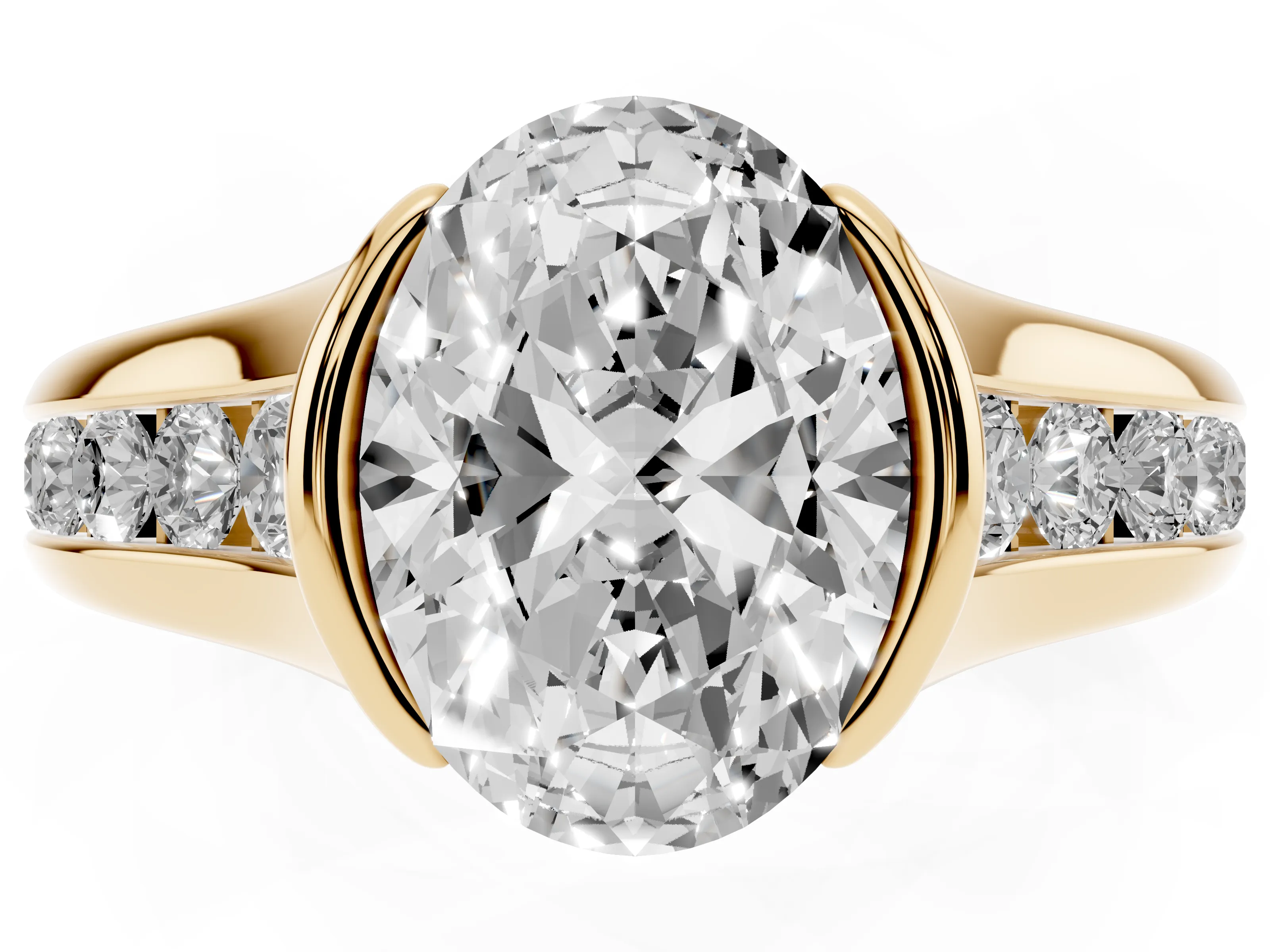 Oval Cut Diamond Bezel-Set Solitaire Ring Set in Yellow gold with Channel-Set Band