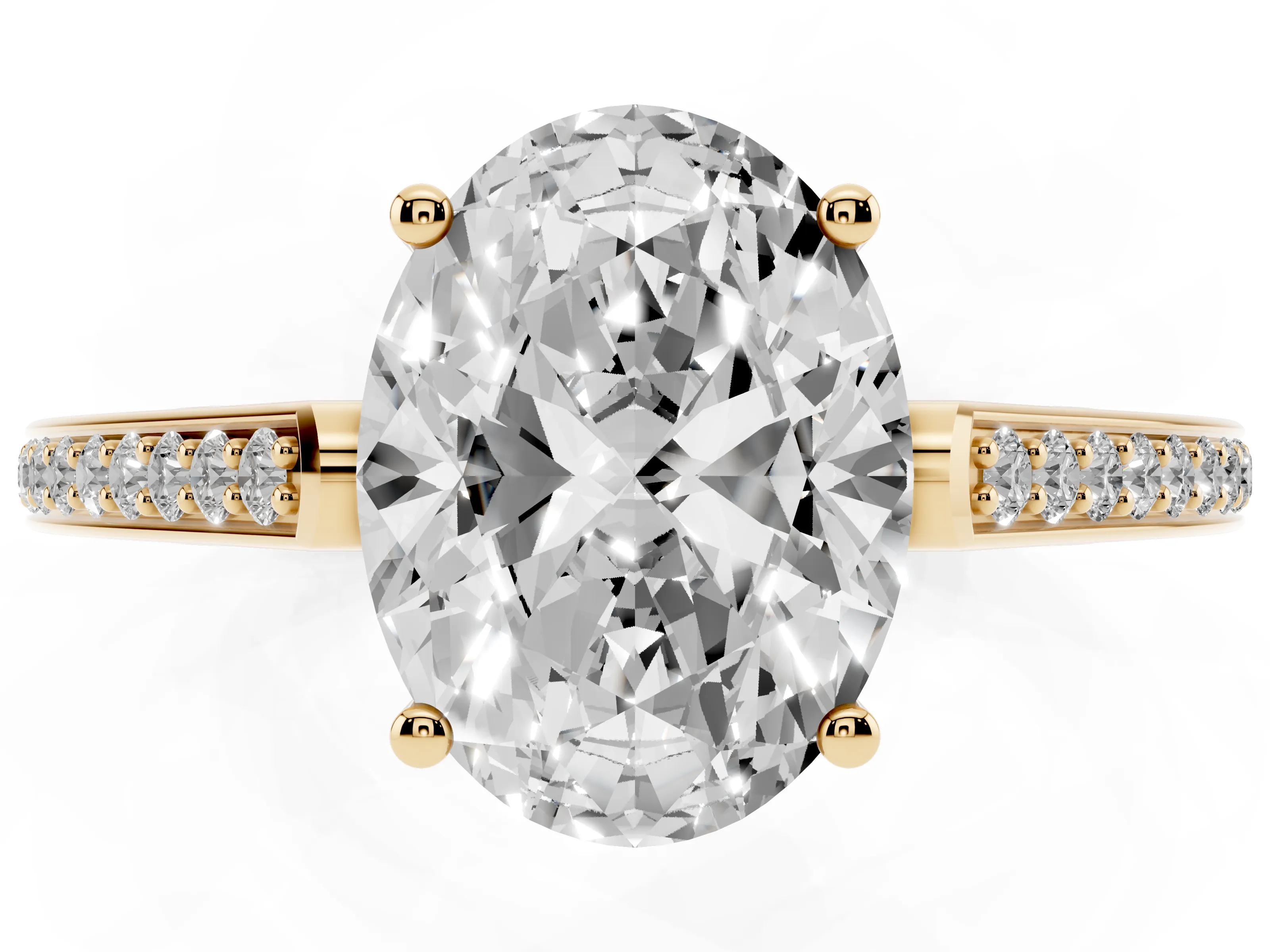 Oval Cut Diamond Cathedral Pavé Engagement Ring Set in Yellow gold with Prong Setting