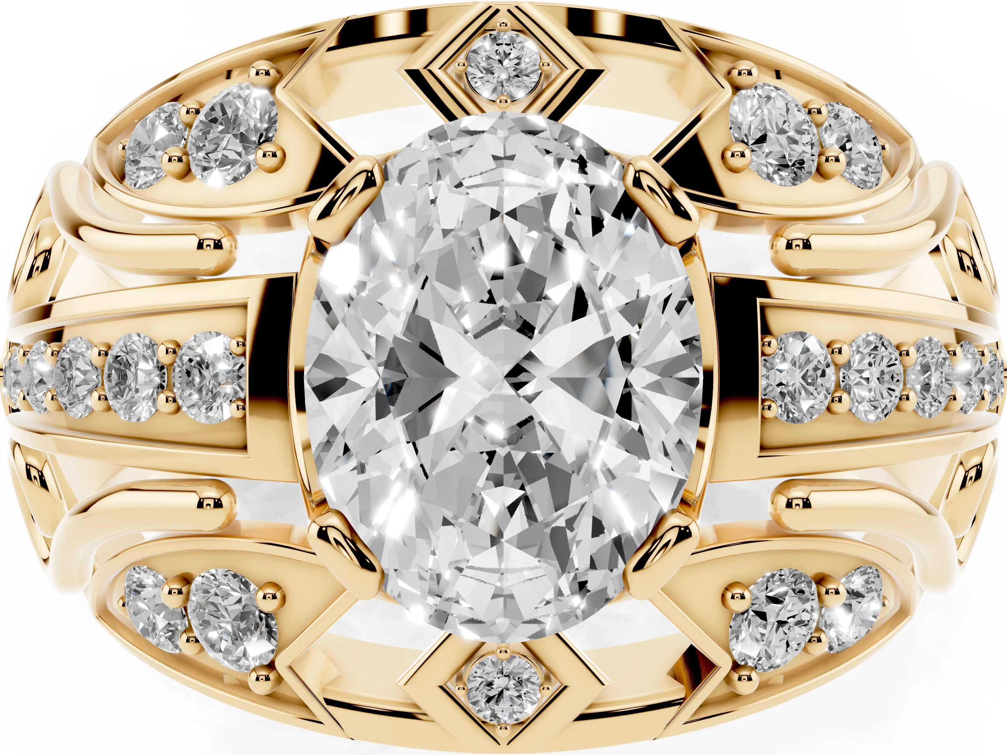 Oval Cut Diamond Art Deco Ring Set in Yellow gold with Pavé Split Shank