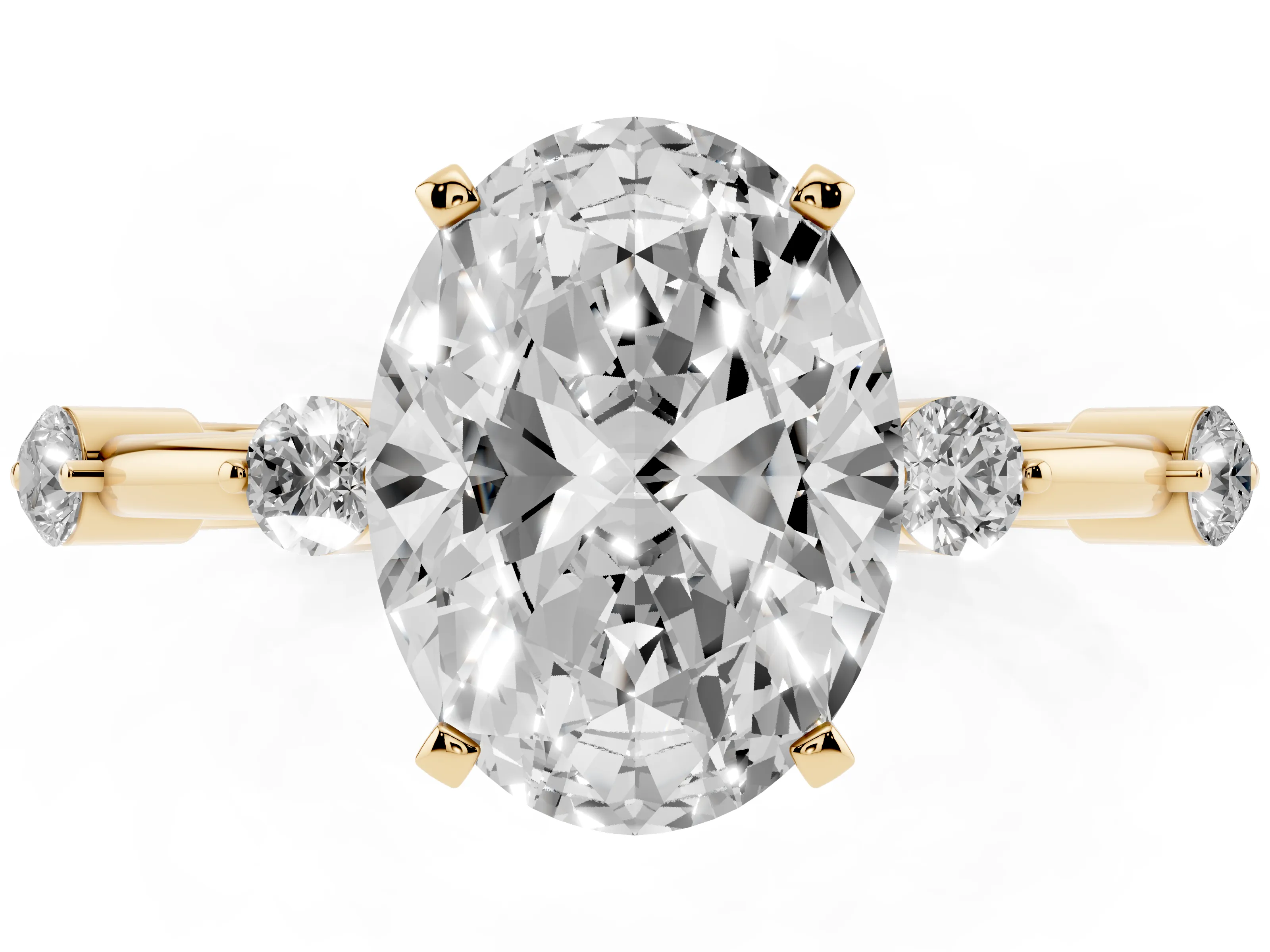 Oval Cut Diamond Solitaire Ring Set in Yellow gold with Bezel Set Side Stones and Prong Setting