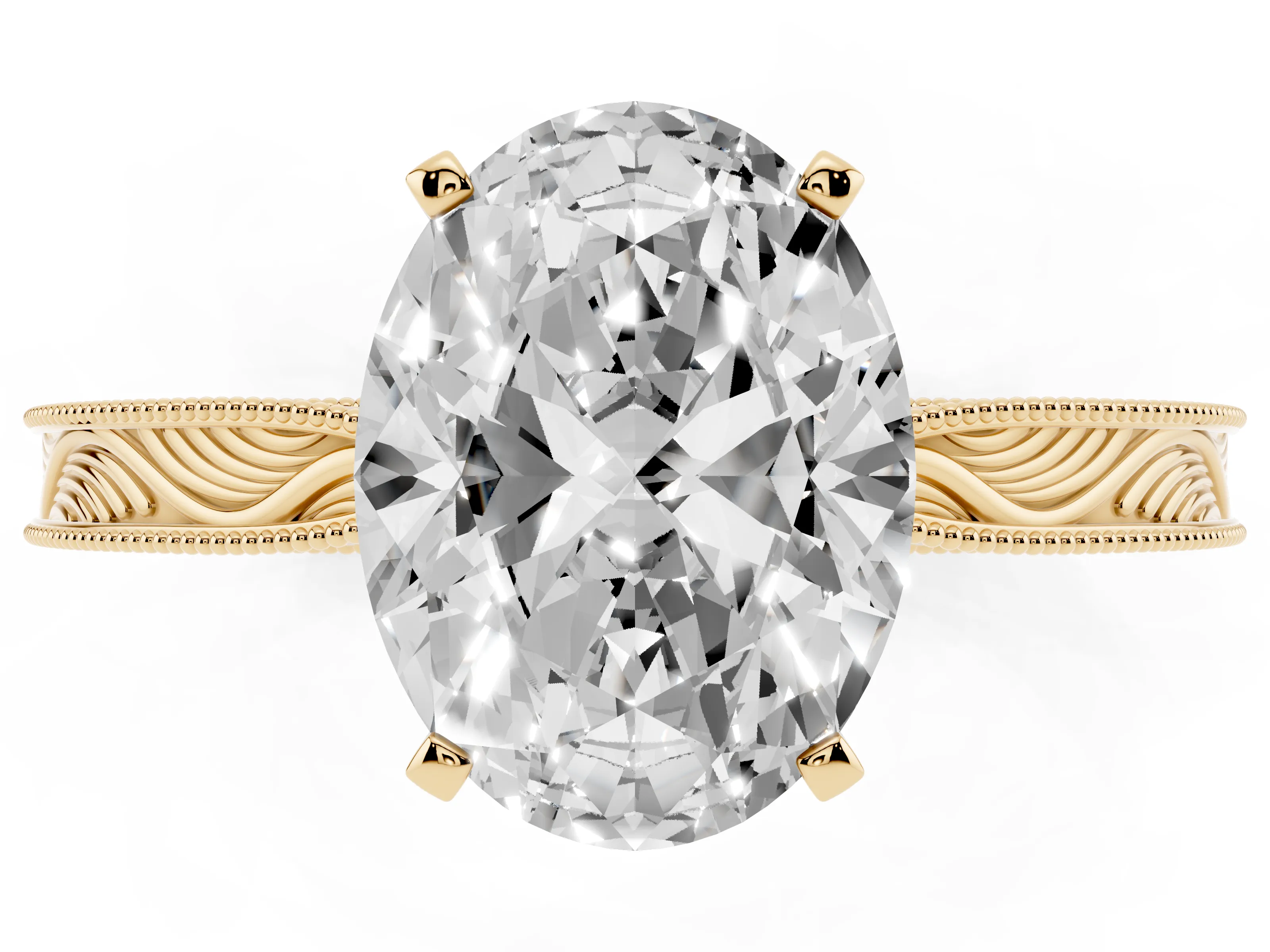 Oval Cut Diamond Solitaire Milgrain Engraved Band Set in Yellow gold with Prong Setting
