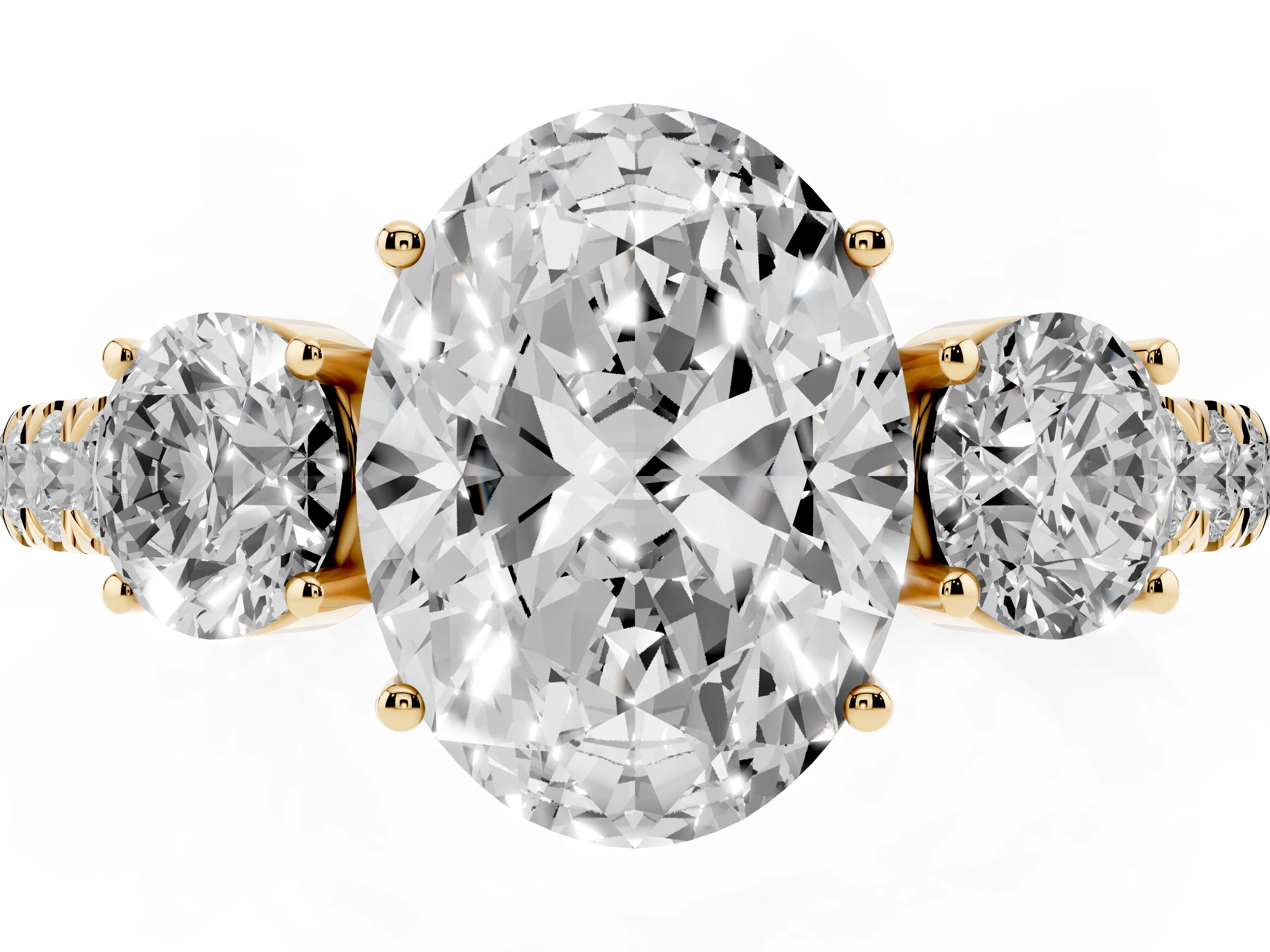 Oval Cut Diamond Three-Stone Ring Set in Yellow gold with Round Side Stones and Delicate Pavé Band