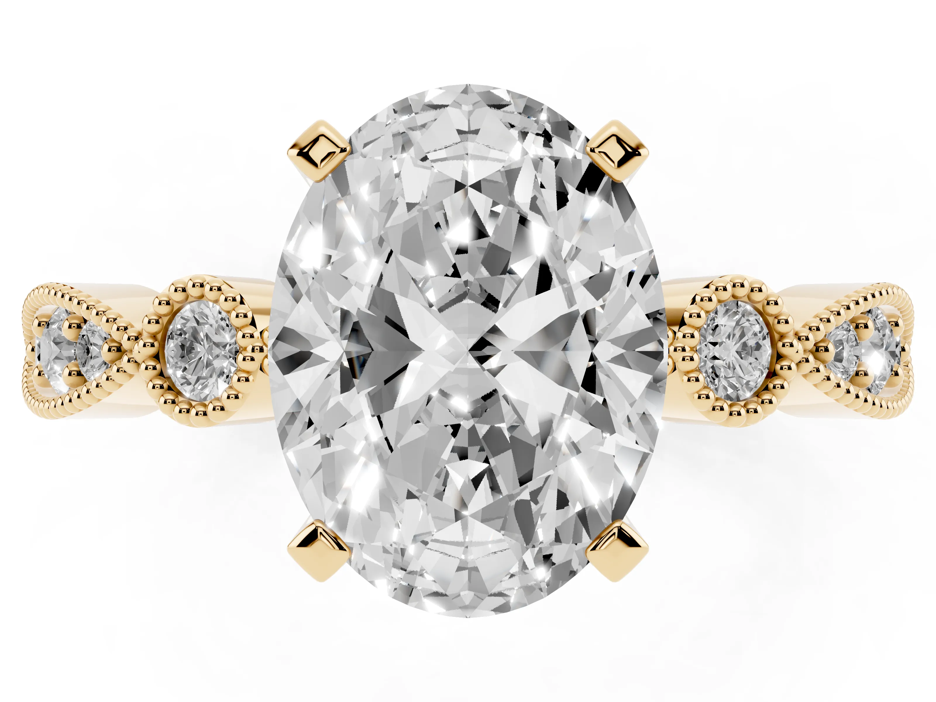 Oval Cut Diamond Solitaire Engagement Ring Set in Yellow gold with Milgrain Bezel Accent Band