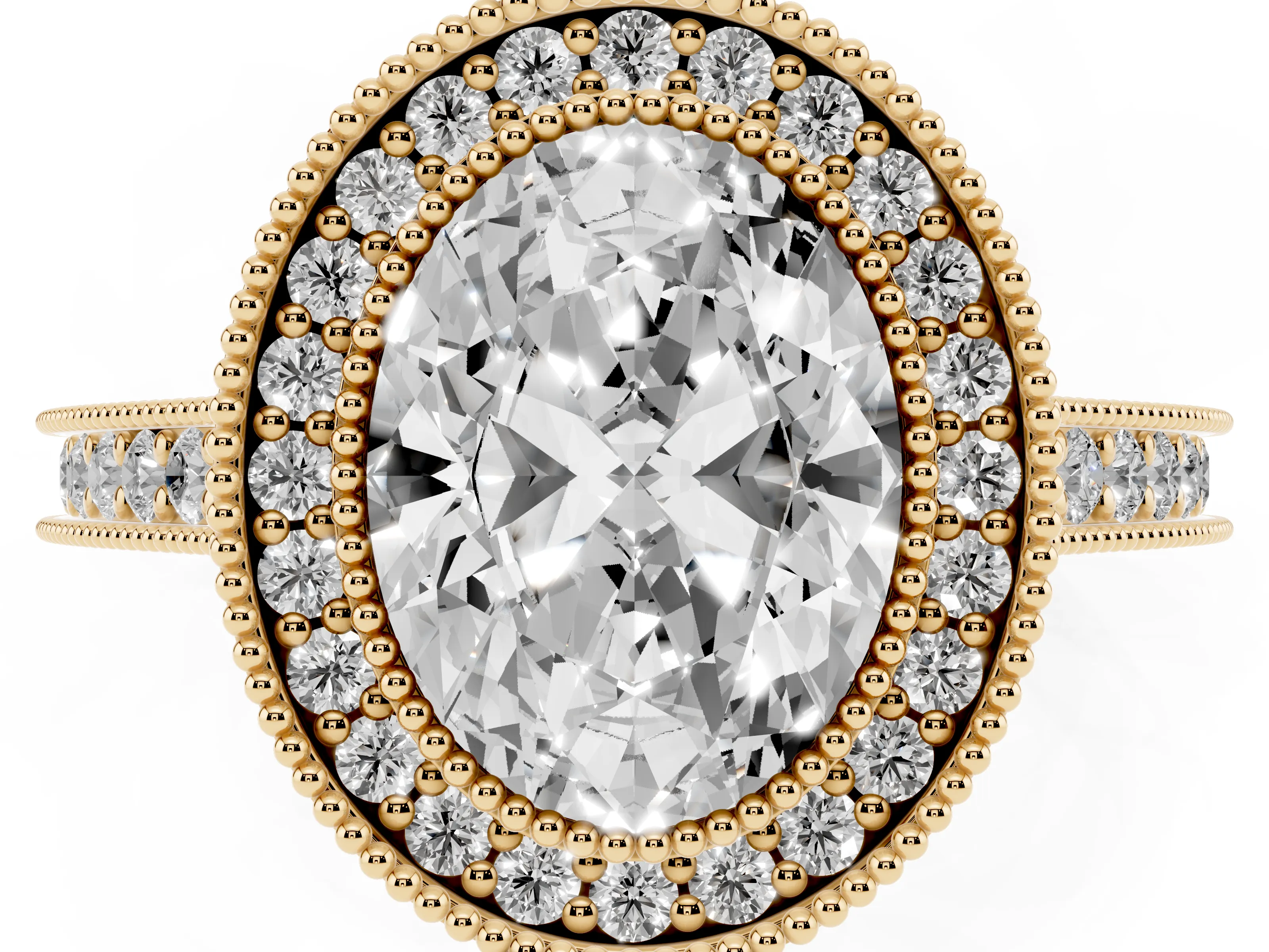 Oval Cut Diamond Halo Milgrain Pavé Band Ring Set in Yellow gold with Prong Setting