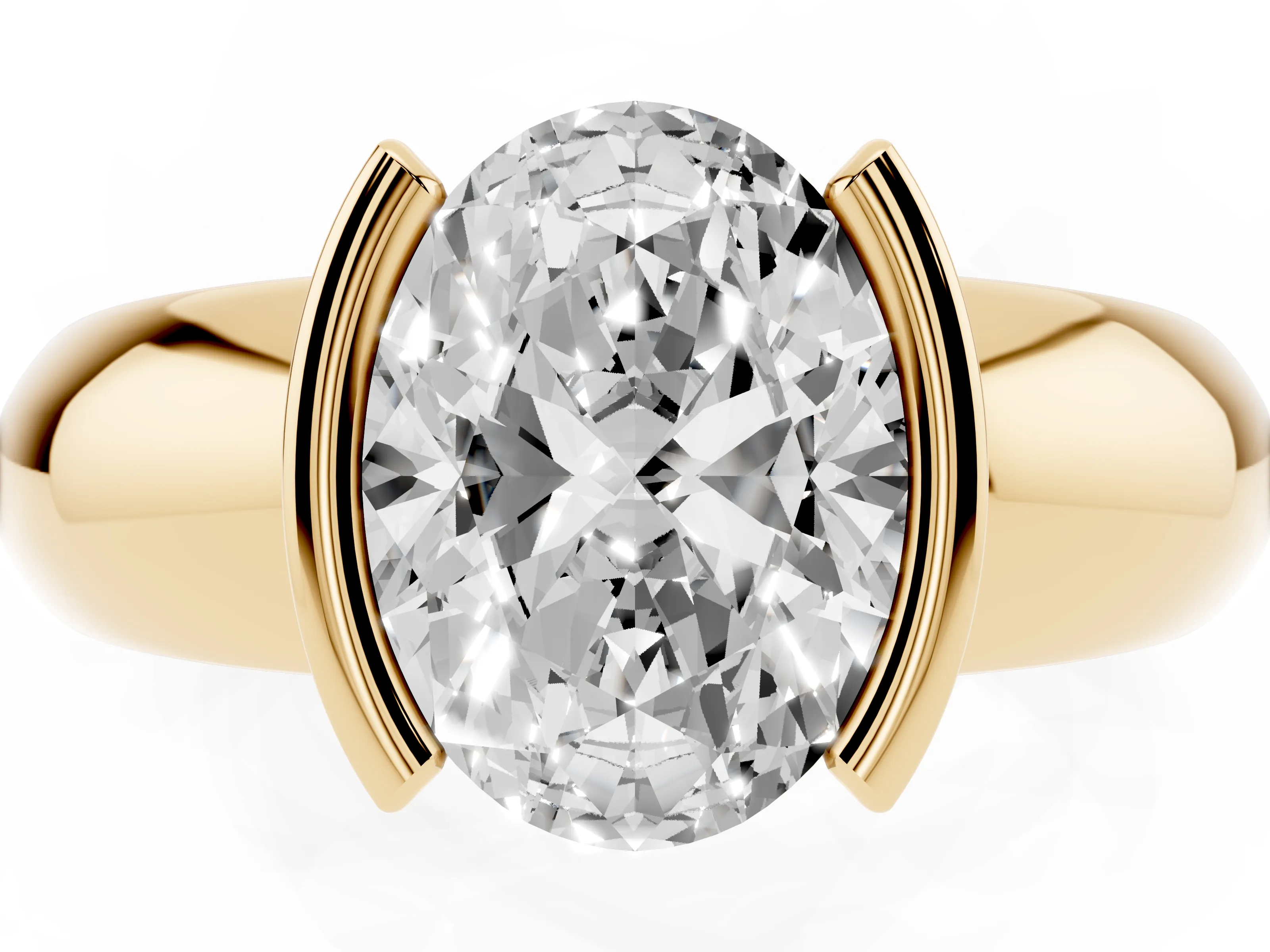 Oval Cut Diamond Solitaire Tension Set Ring Set in Yellow gold with Wide Band