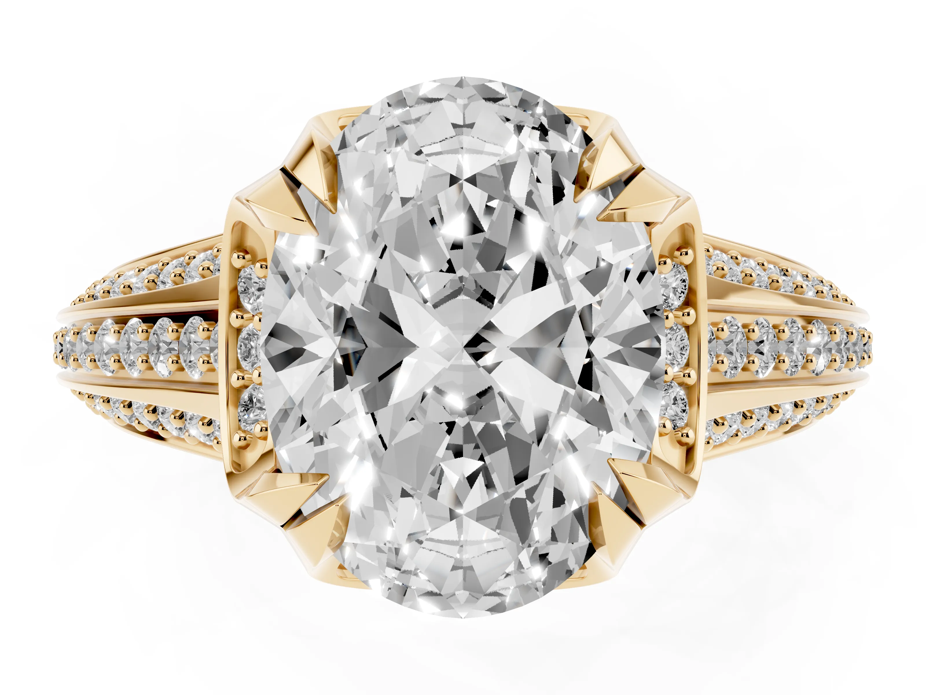 Oval Cut Diamond Pavé Split Shank Solitaire Ring Set in Yellow gold with Prong Setting