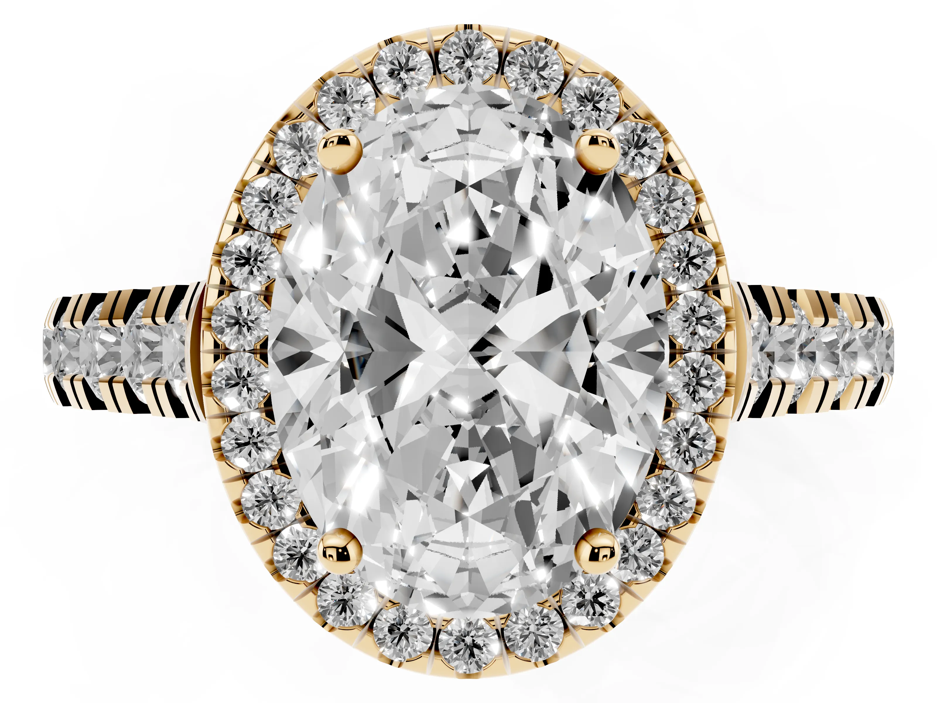 Oval Cut Diamond Halo Engagement Ring Set in Yellow gold with Pavé Band and Prong-Set Center
