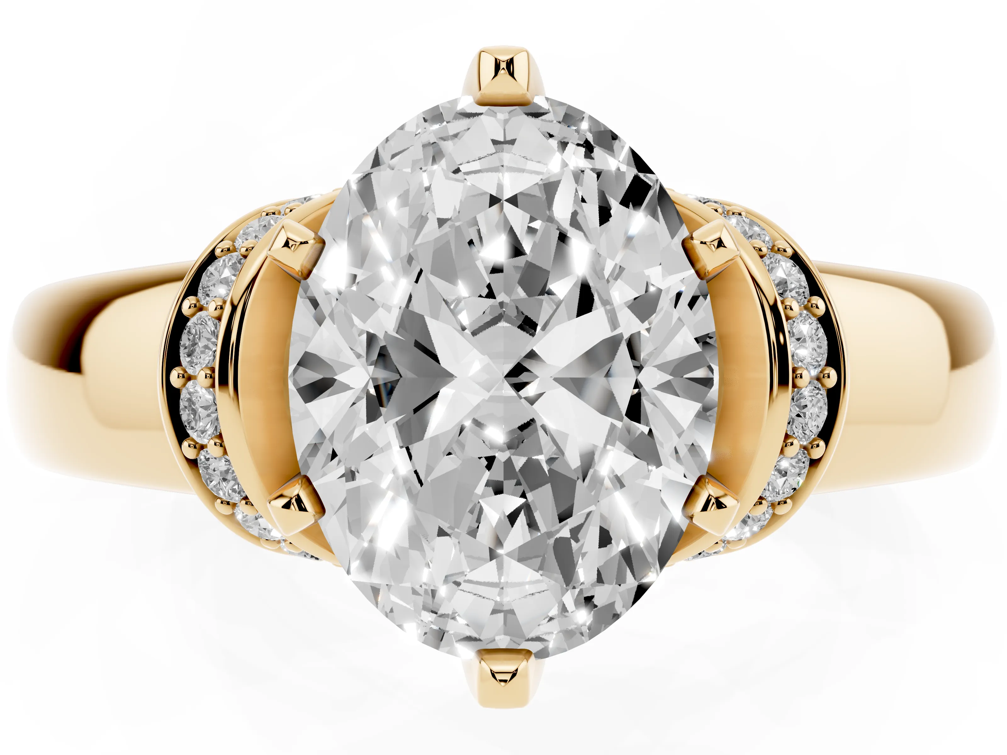 Oval Cut Diamond Pavé Band Solitaire Ring Set in Yellow gold with Prong Setting