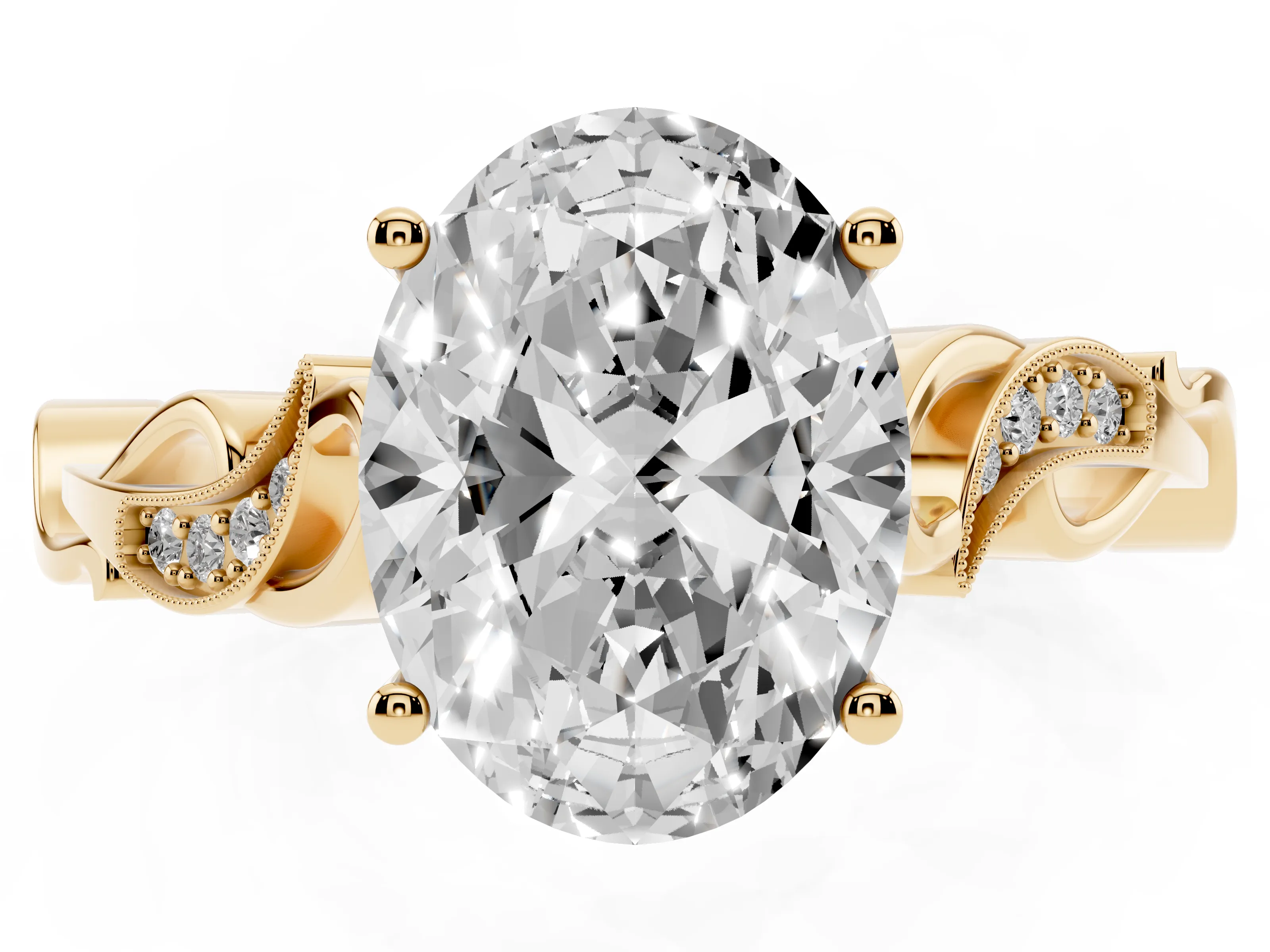 Oval Cut Diamond Vine Band Solitaire Ring Set in Yellow gold with Milgrain Prong Setting