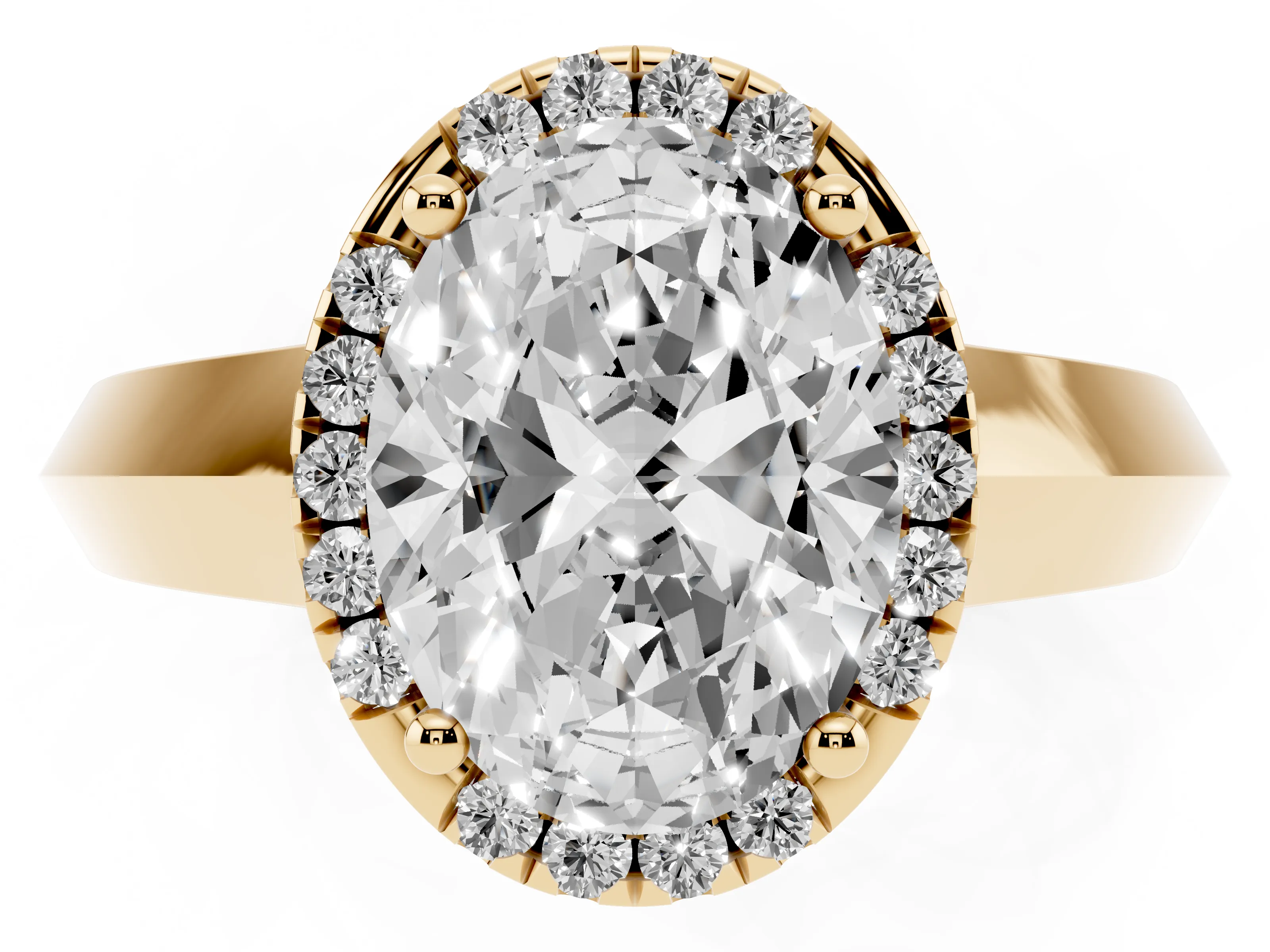 Oval Cut Diamond Halo Ring Set in Yellow gold with Cathedral Band and Prong Setting