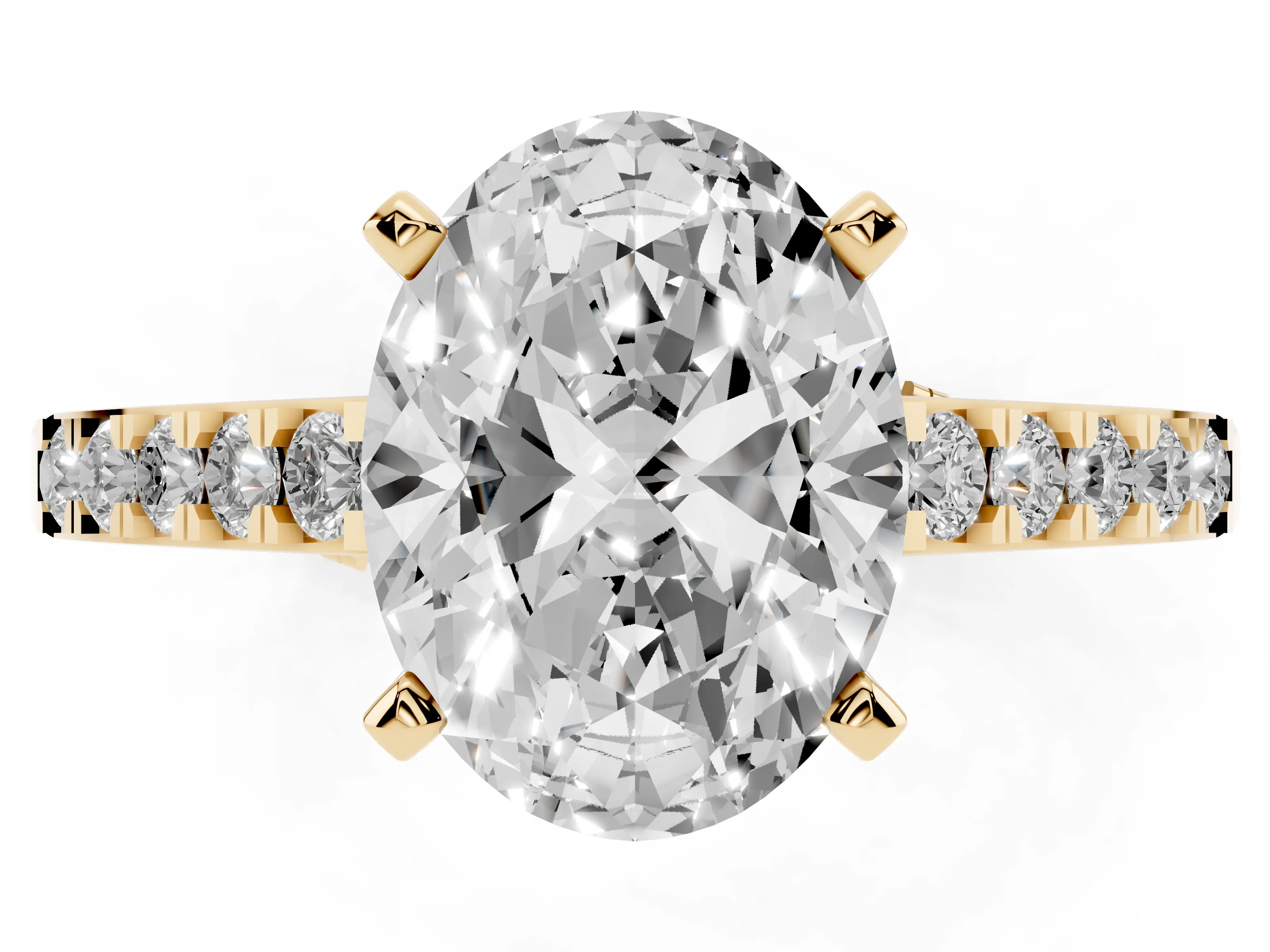 Oval Cut Diamond Solitaire Ring Set in Yellow gold with Crossover Gallery and Round Pavé Band