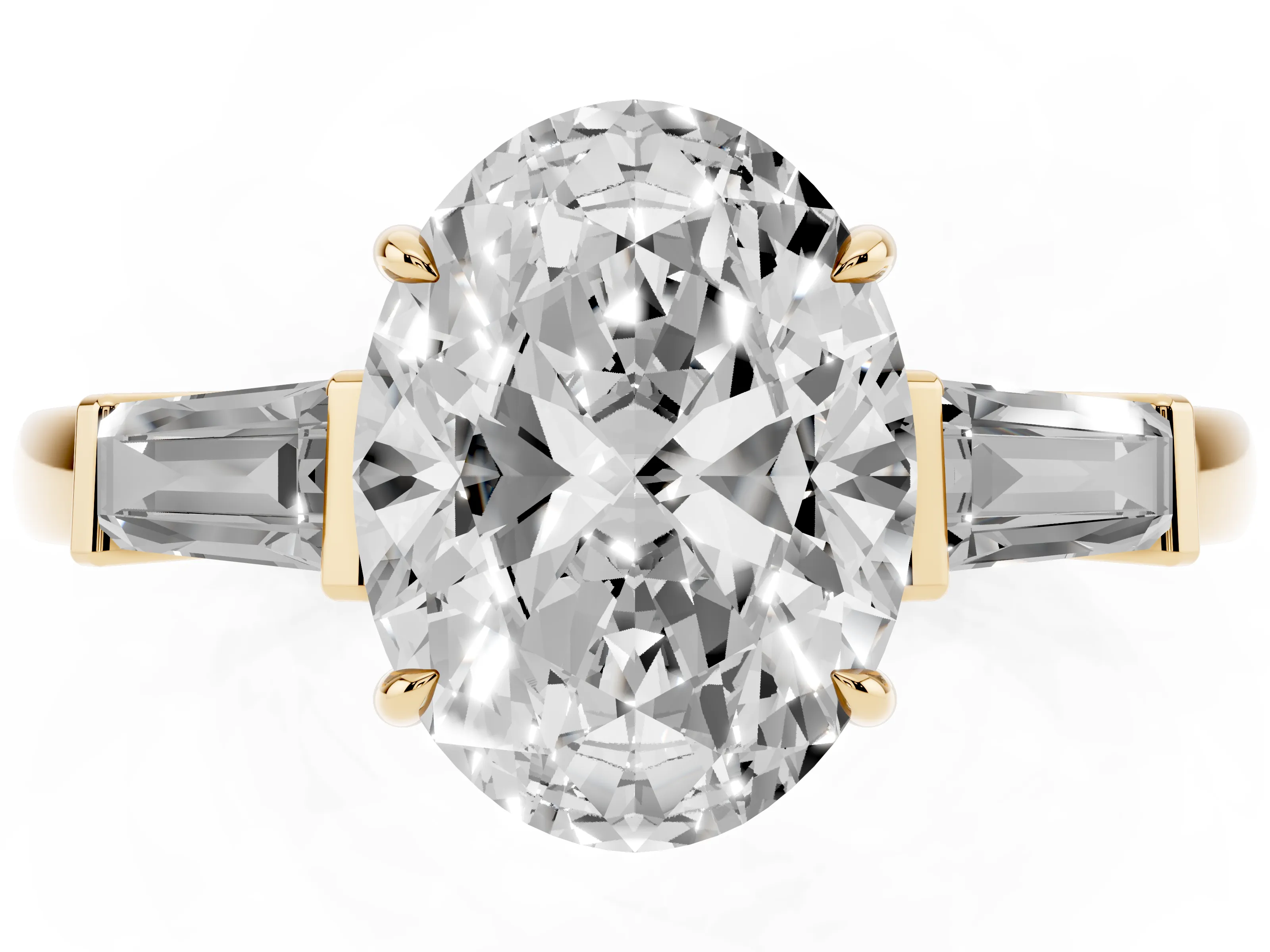 Oval Cut Diamond Three-Stone Ring Set in Yellow gold with Tapered Baguette Side Stones and Prong Setting