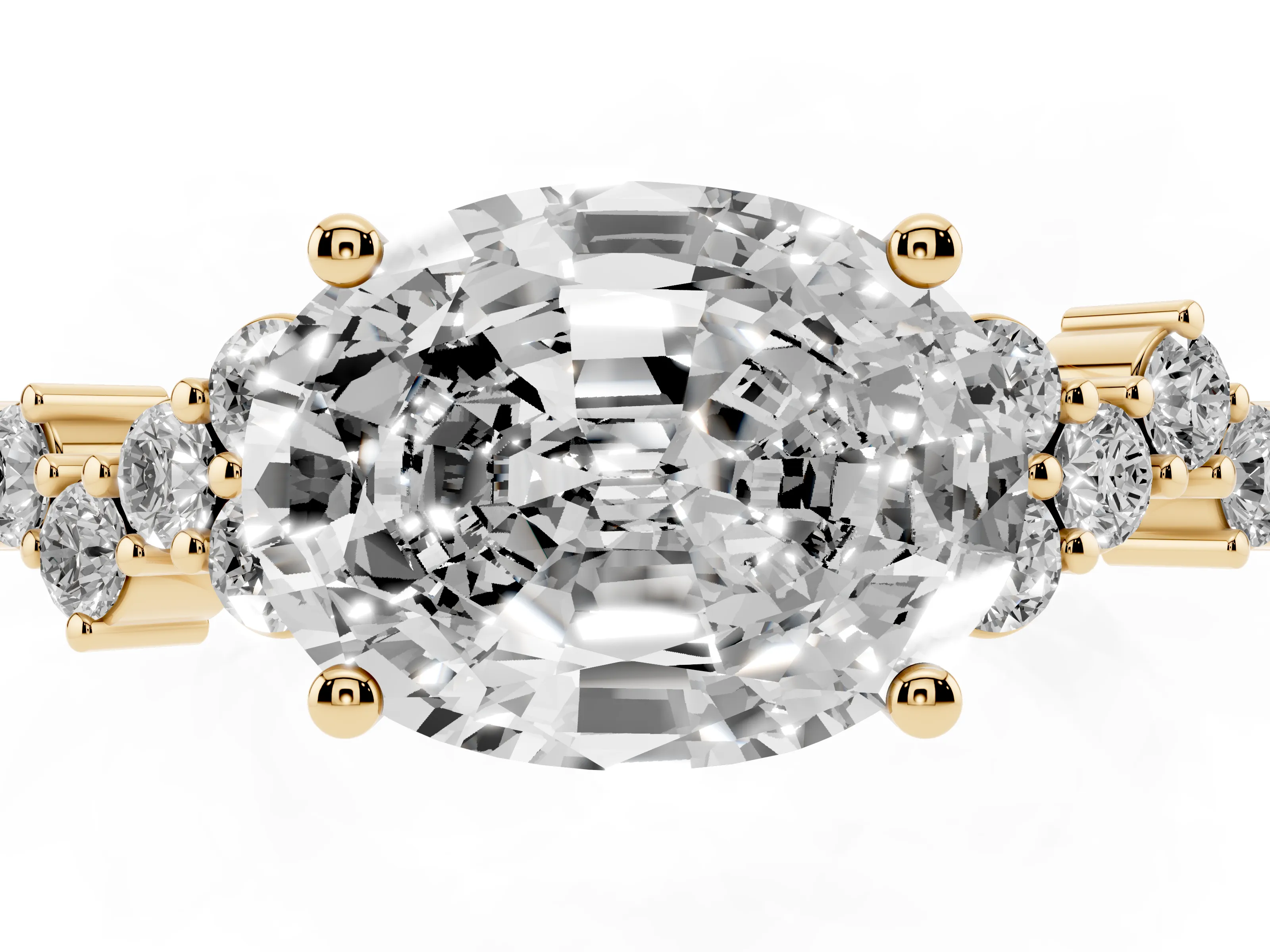 Oval Cut Diamond Ring Set in Yellow gold with Scattered Round Accents