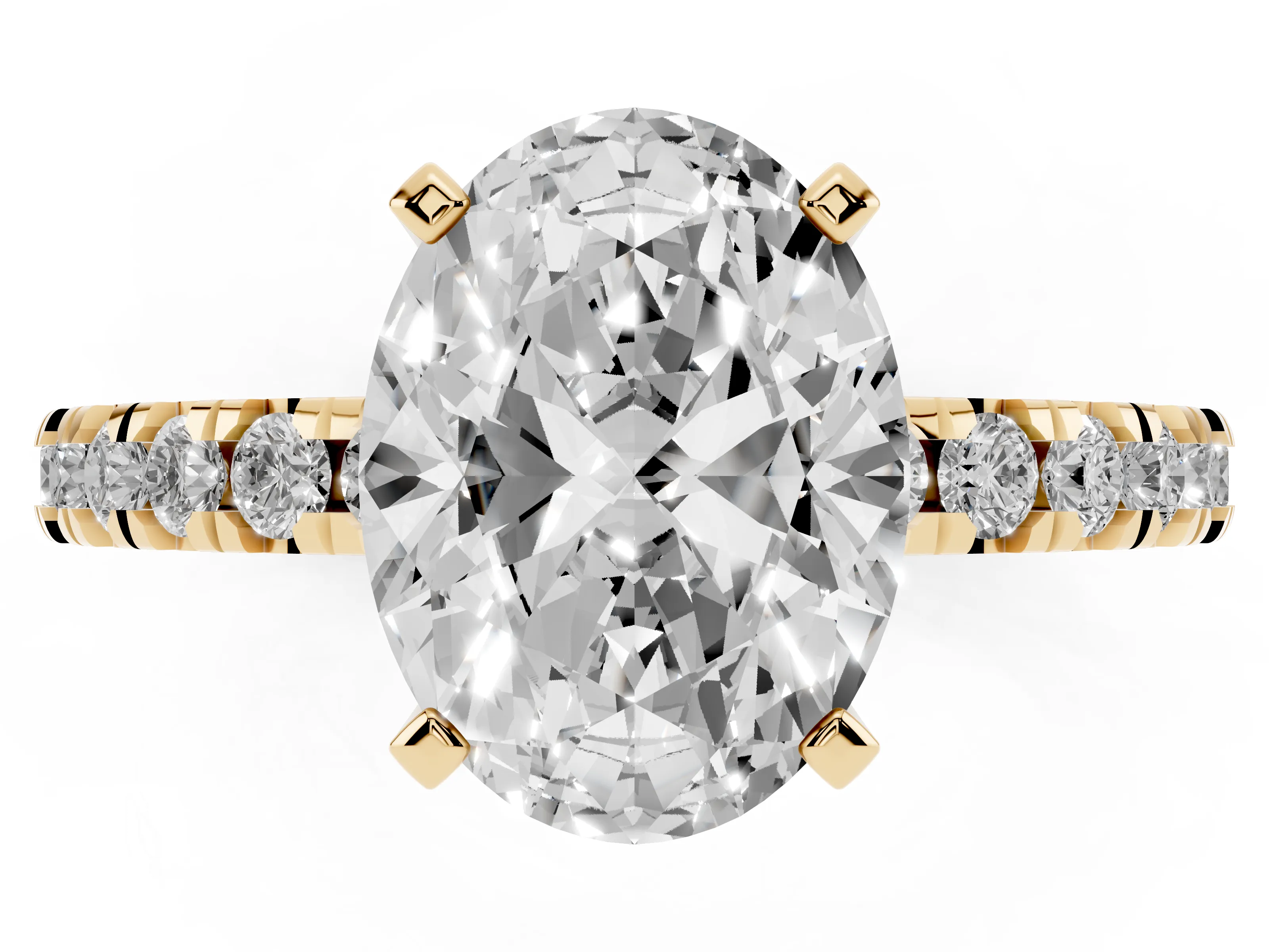 Oval Cut Diamond Pavé Band Solitaire Set in Yellow gold with Prong Setting