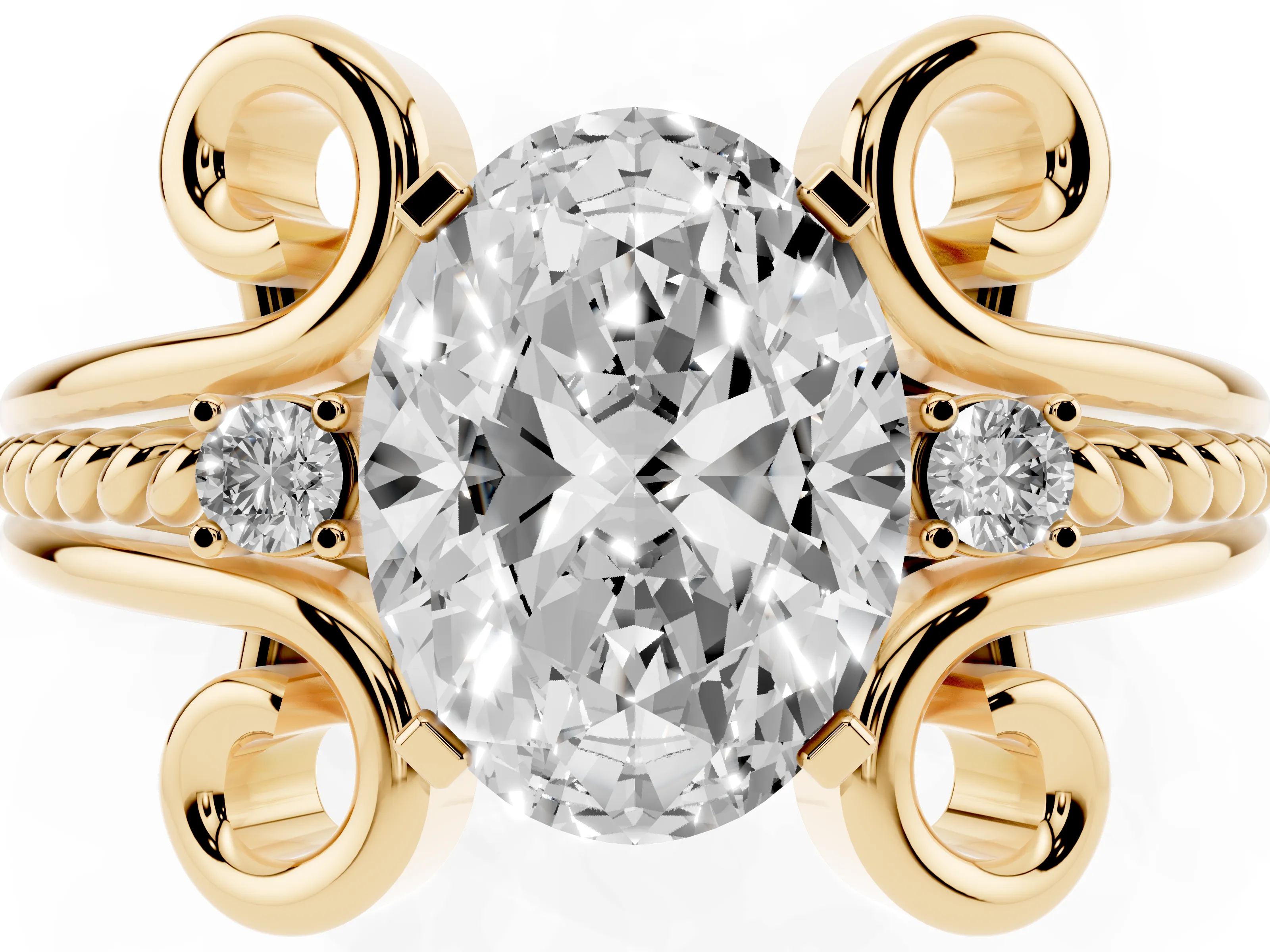 Oval Cut Diamond Twisted Band Solitaire Ring Set in Yellow gold with Scroll Prongs