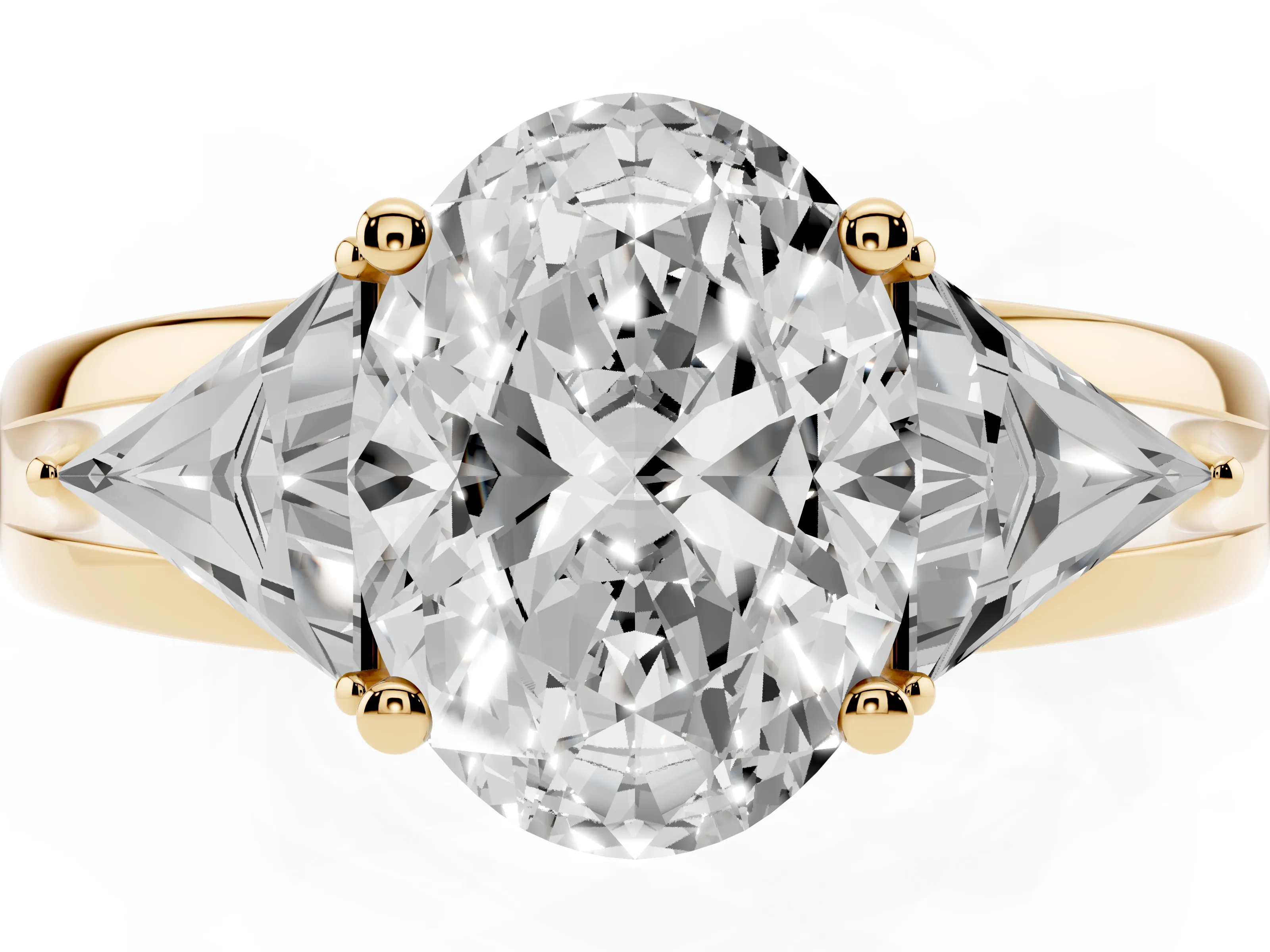 Oval Cut Diamond Three-Stone Ring Set in Yellow gold with Trillion Side Stones and Split Shank
