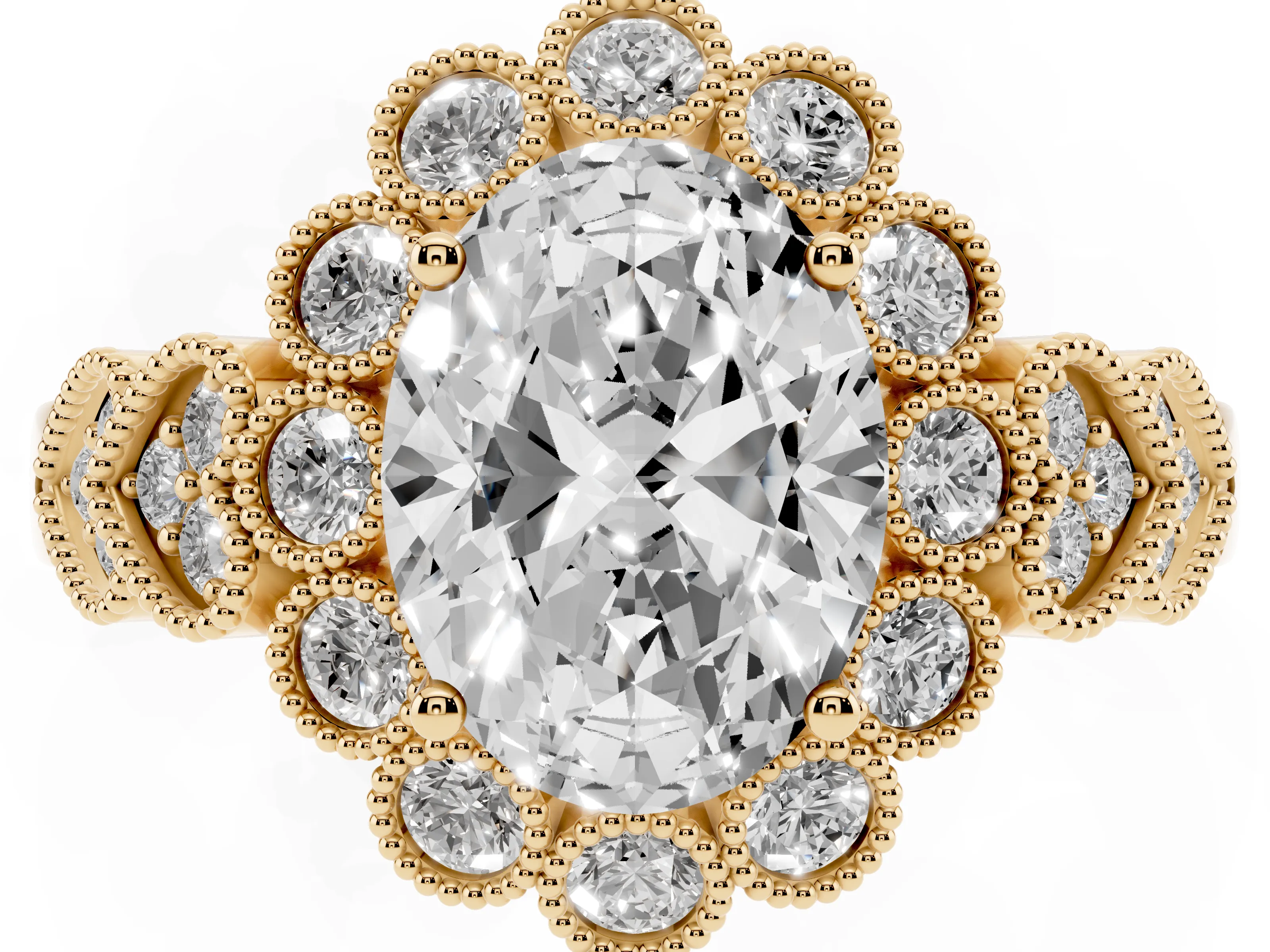 Oval Cut Diamond Solitaire Ring Set in Yellow gold with Milgrain Pavé Heart Band