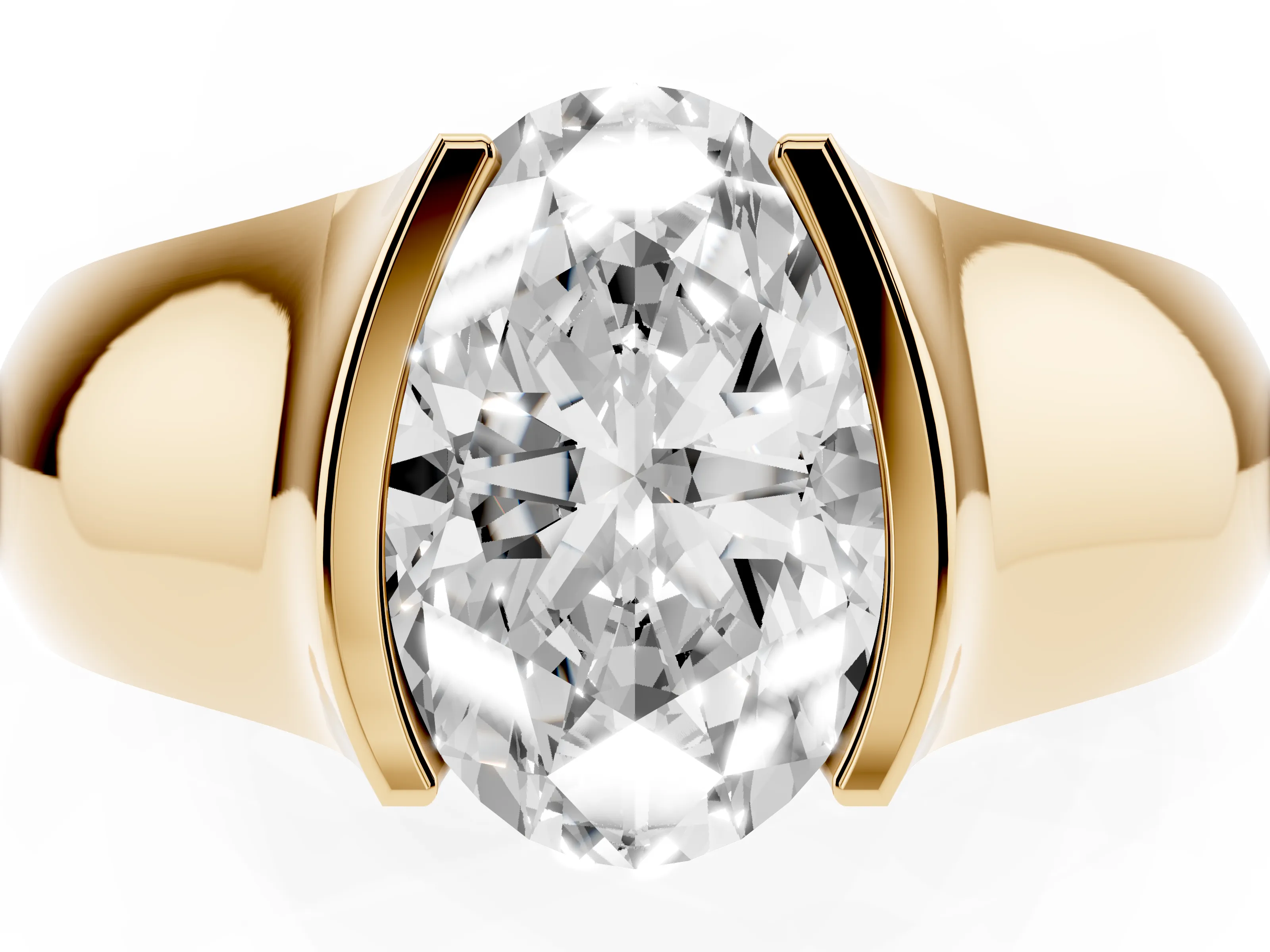 Oval Cut Diamond Bezel Solitaire Ring Set in Yellow gold with Wide Band