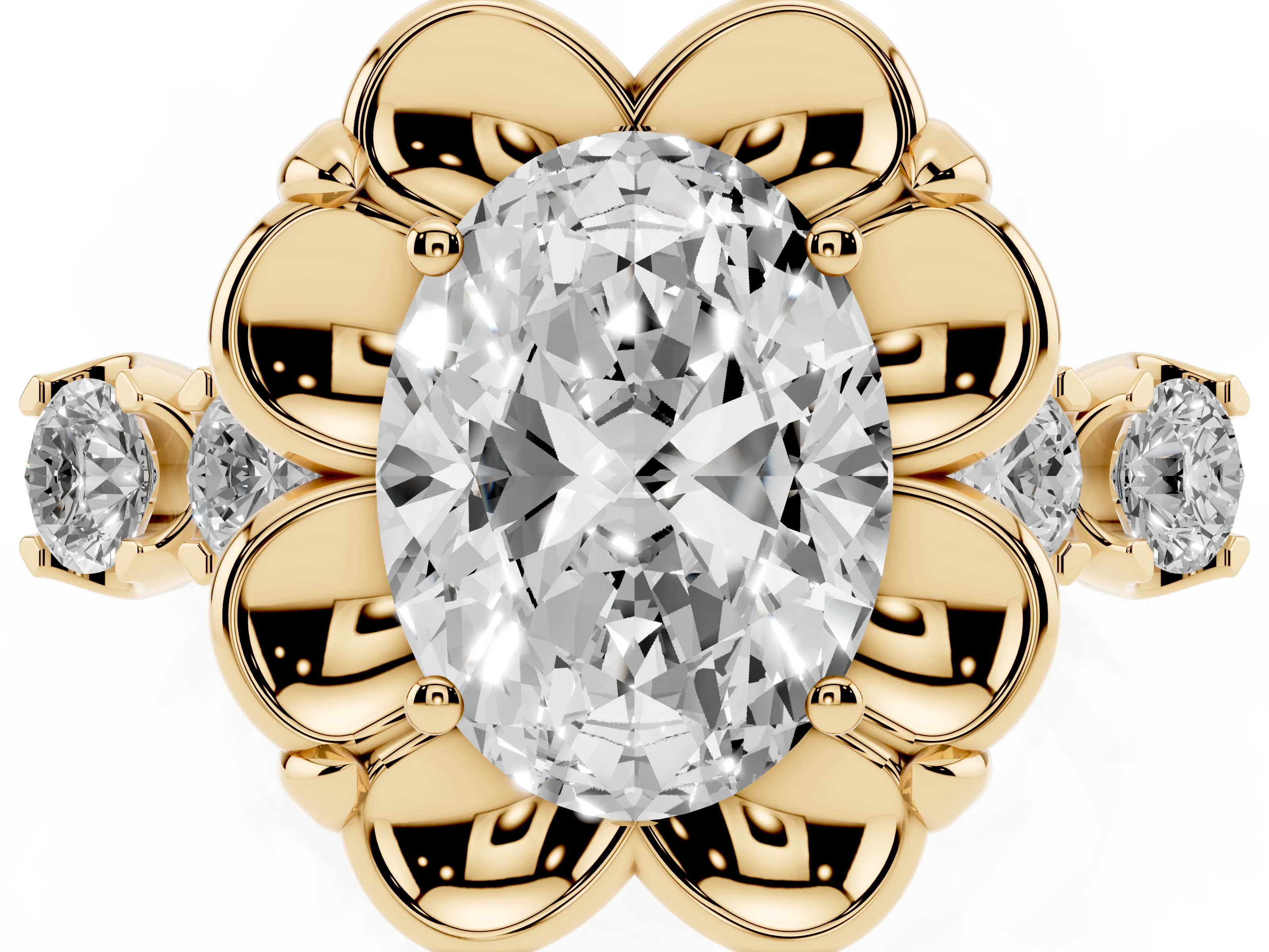 Oval Cut Diamond Floral Halo Ring Set in Yellow gold with Shared Prong Band