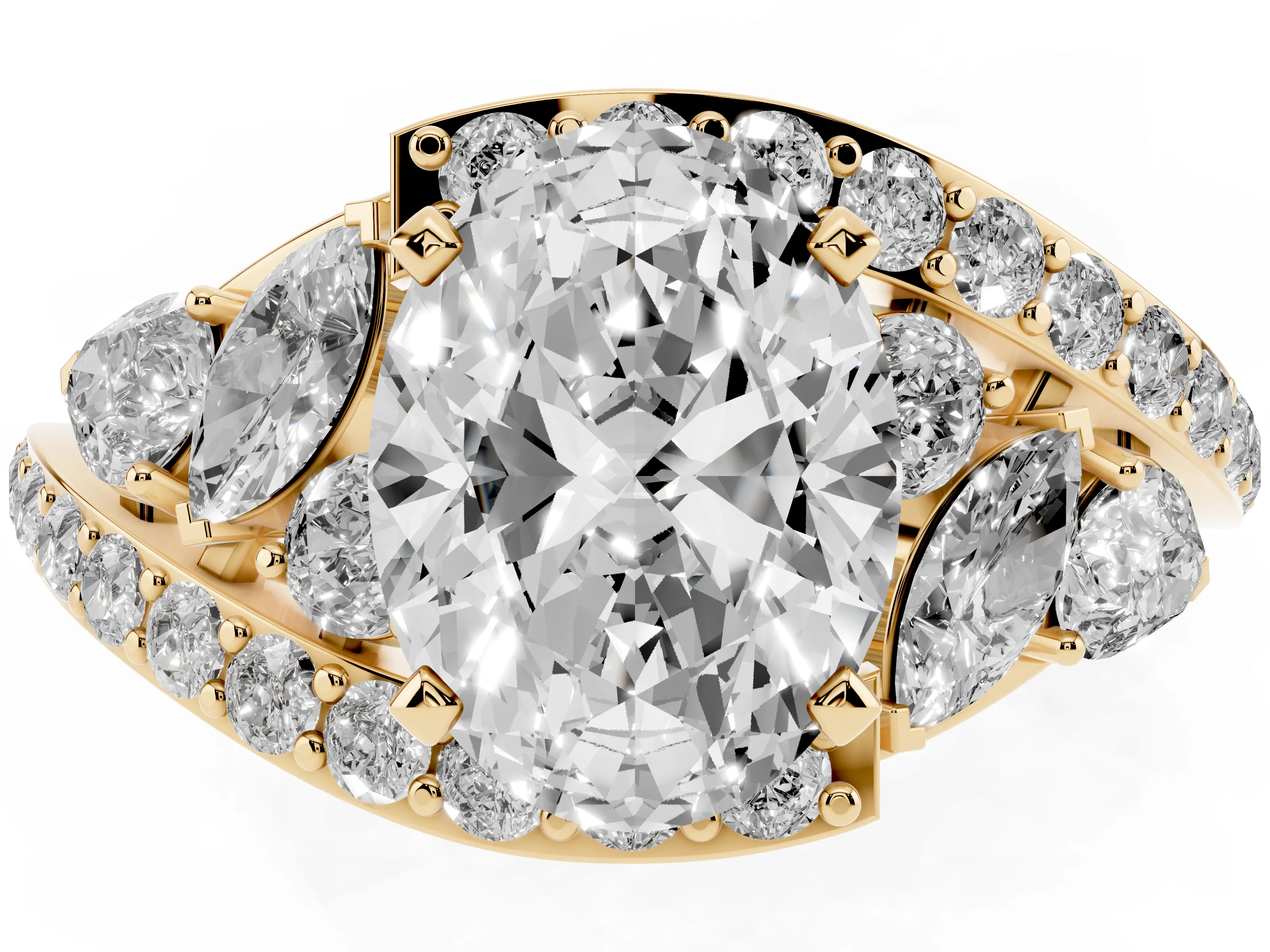 Oval Cut Diamond Halo Ring Set in Yellow gold with Marquise and Pavé Band in Prong Setting