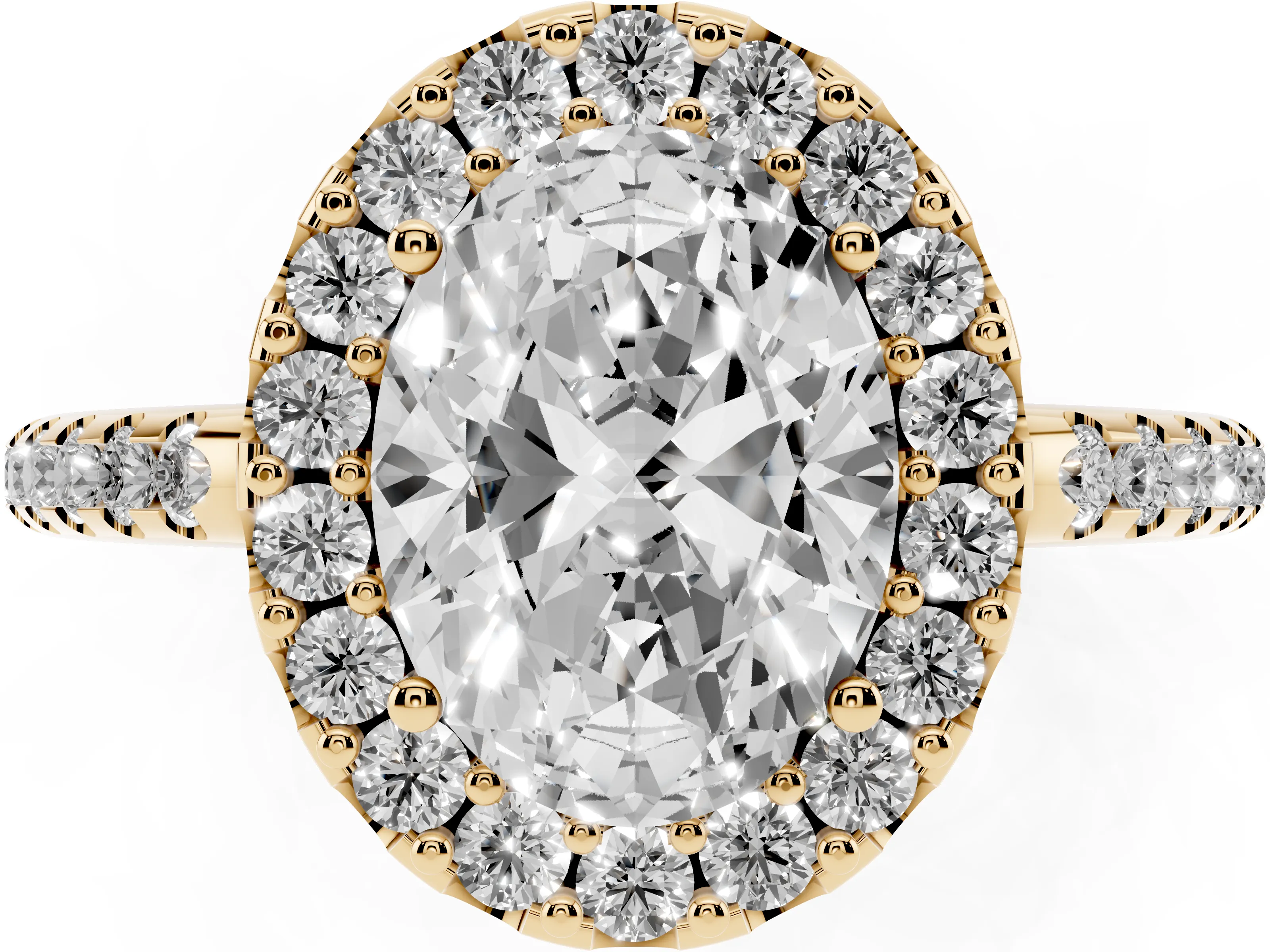 Oval Cut Diamond Pavé Halo Ring Set in Yellow gold with Prong Setting