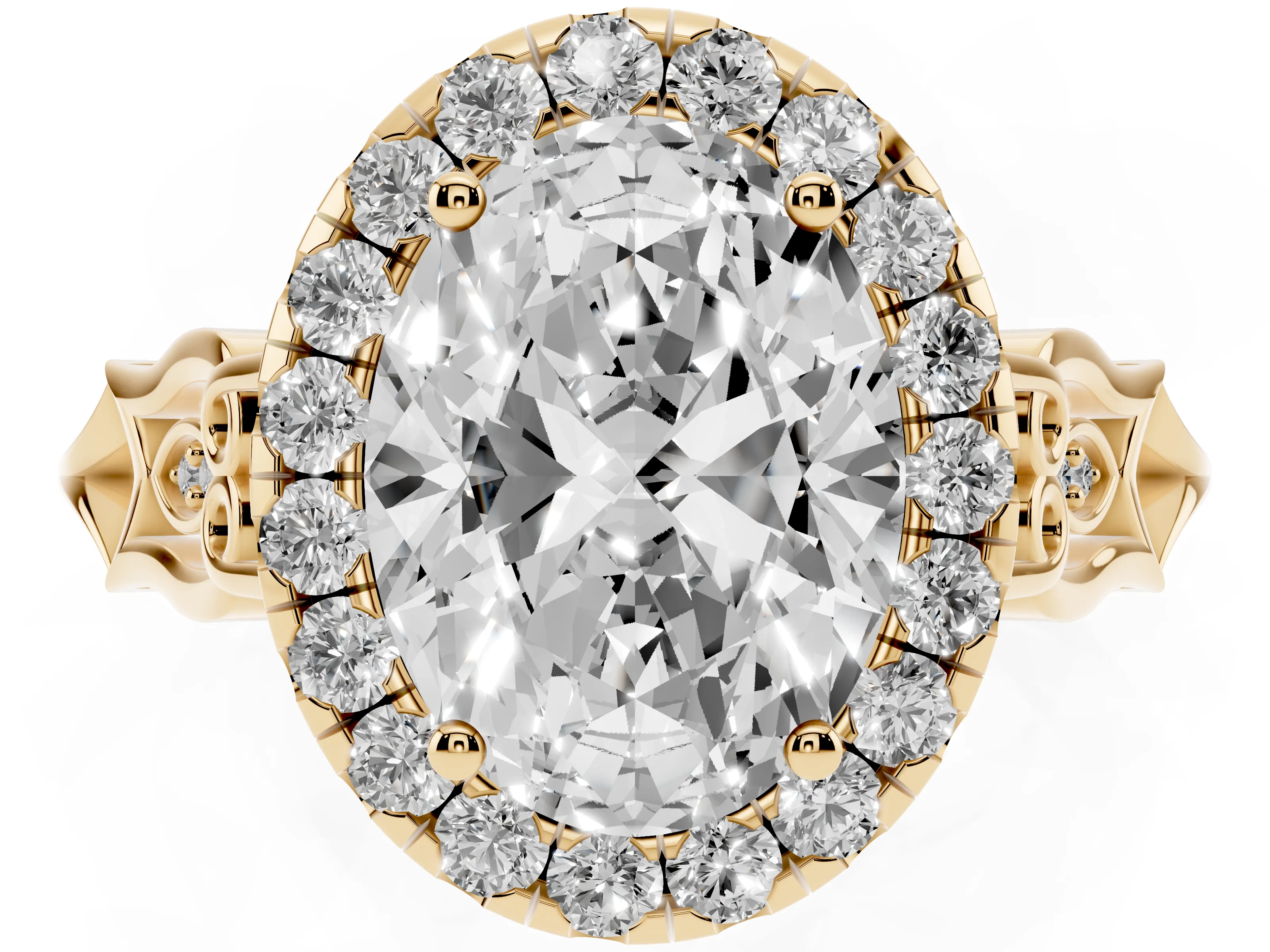 Oval Cut Diamond Halo Engagement Ring Set in Yellow gold with Filigree Band and Prong-Set Center