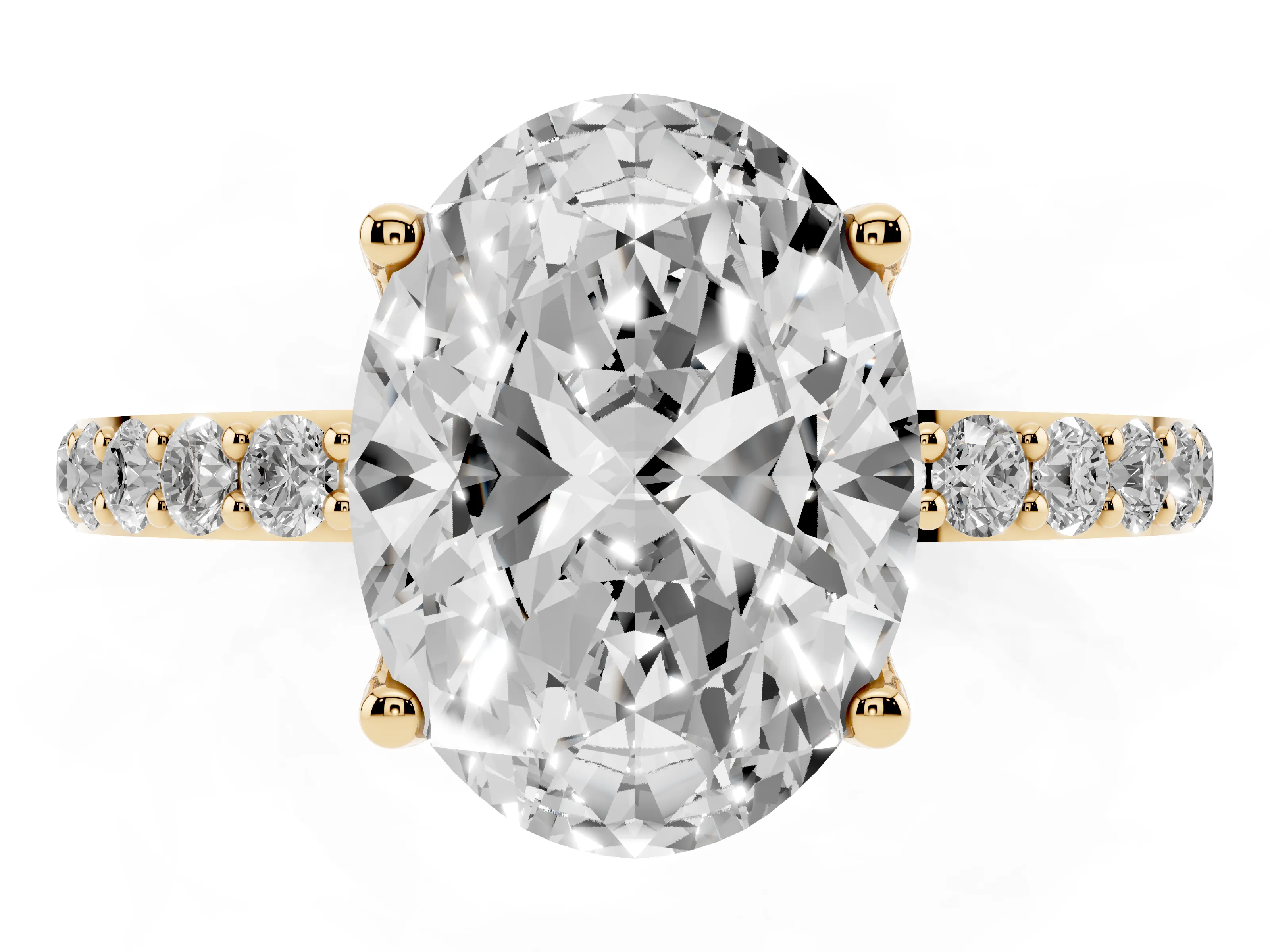 Oval Cut Diamond Solitaire Engagement Ring Set in Yellow gold with Round Pavé Band and Prong Setting