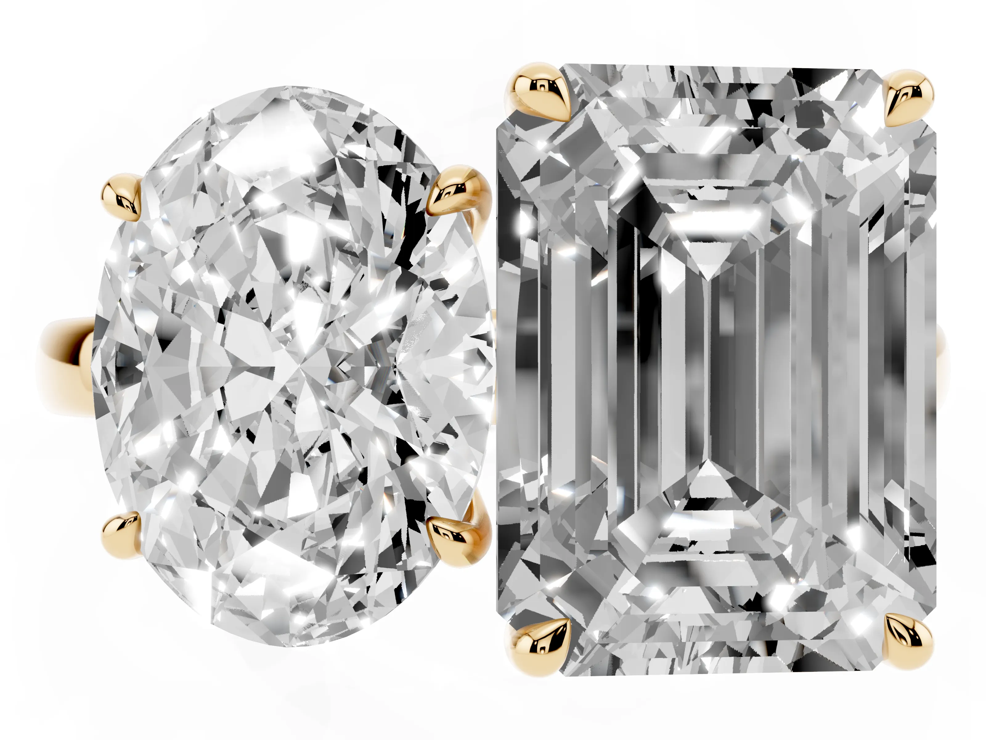 Oval Cut and Emerald Cut Toi Moi Ring Set in Yellow gold with Prong Setting
