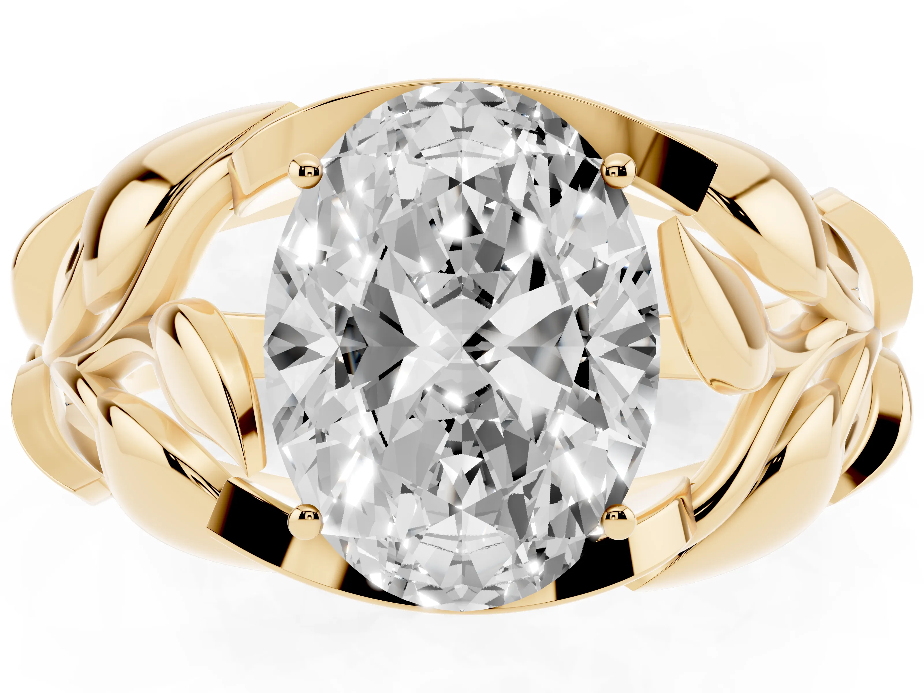 Oval Cut Diamond Leaf-Inspired Engagement Ring Set in Yellow gold with Round Accents