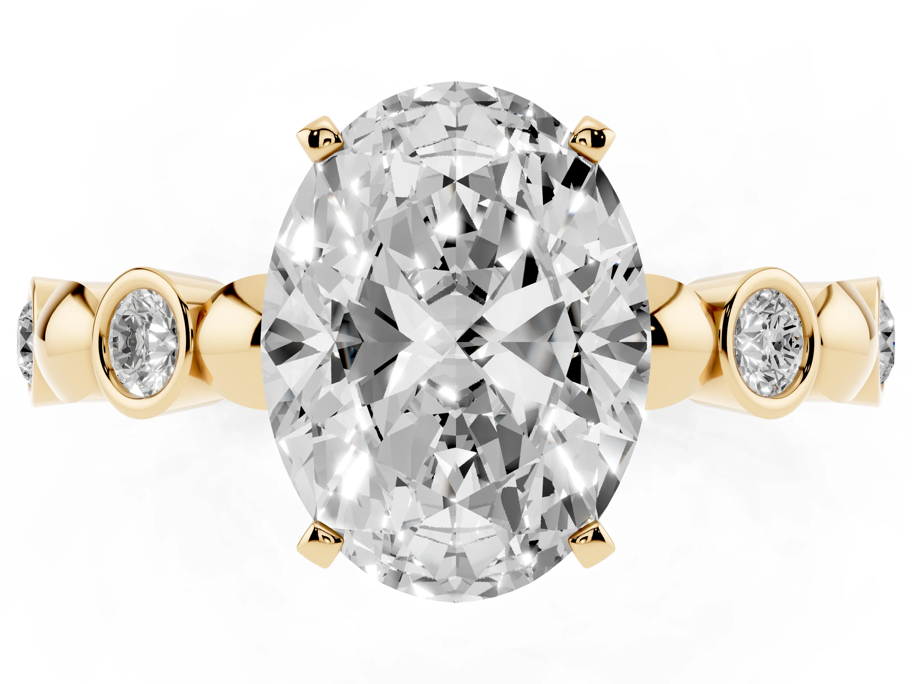 Oval Cut Diamond Solitaire Ring Set in Yellow gold with Bezel-Set Accents on Beaded Band and Prong Setting