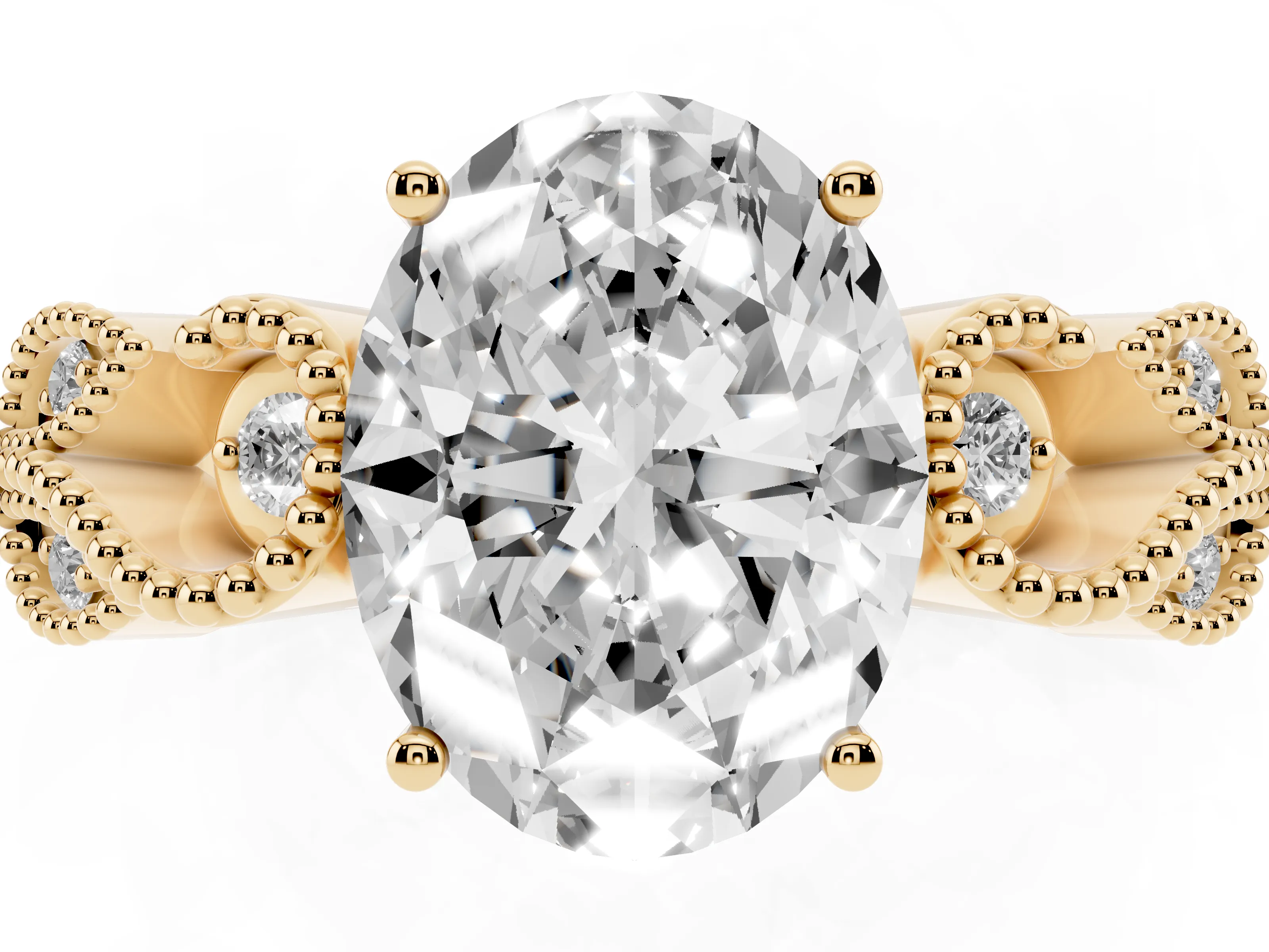 Oval Cut Diamond Milgrain Leaf Band Solitaire Ring Set in Yellow gold with Accent Stones and Prong Setting