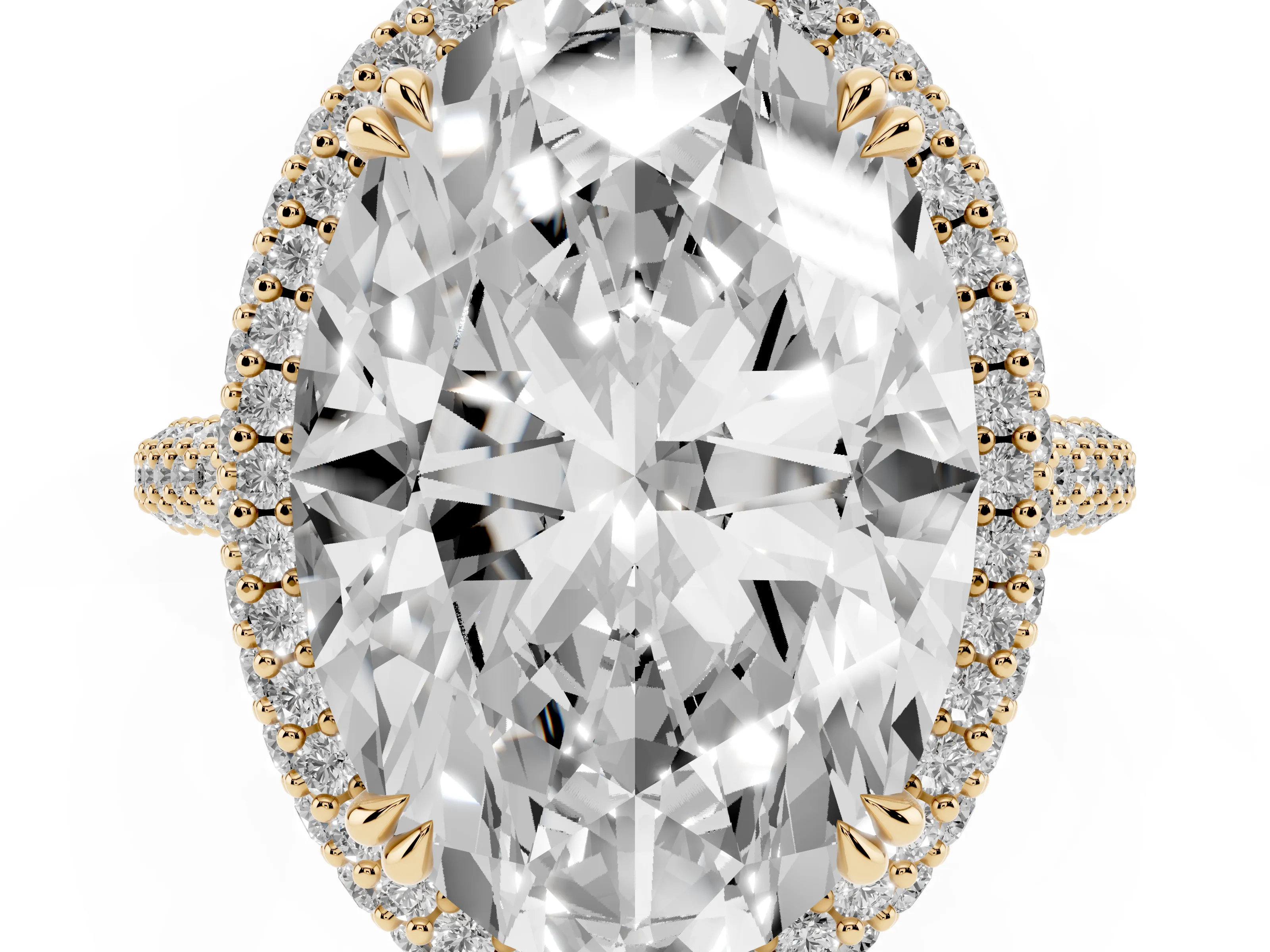 Oval Diamond Halo Ring Set in Yellow gold with Round Accent Halo and Pavé Band