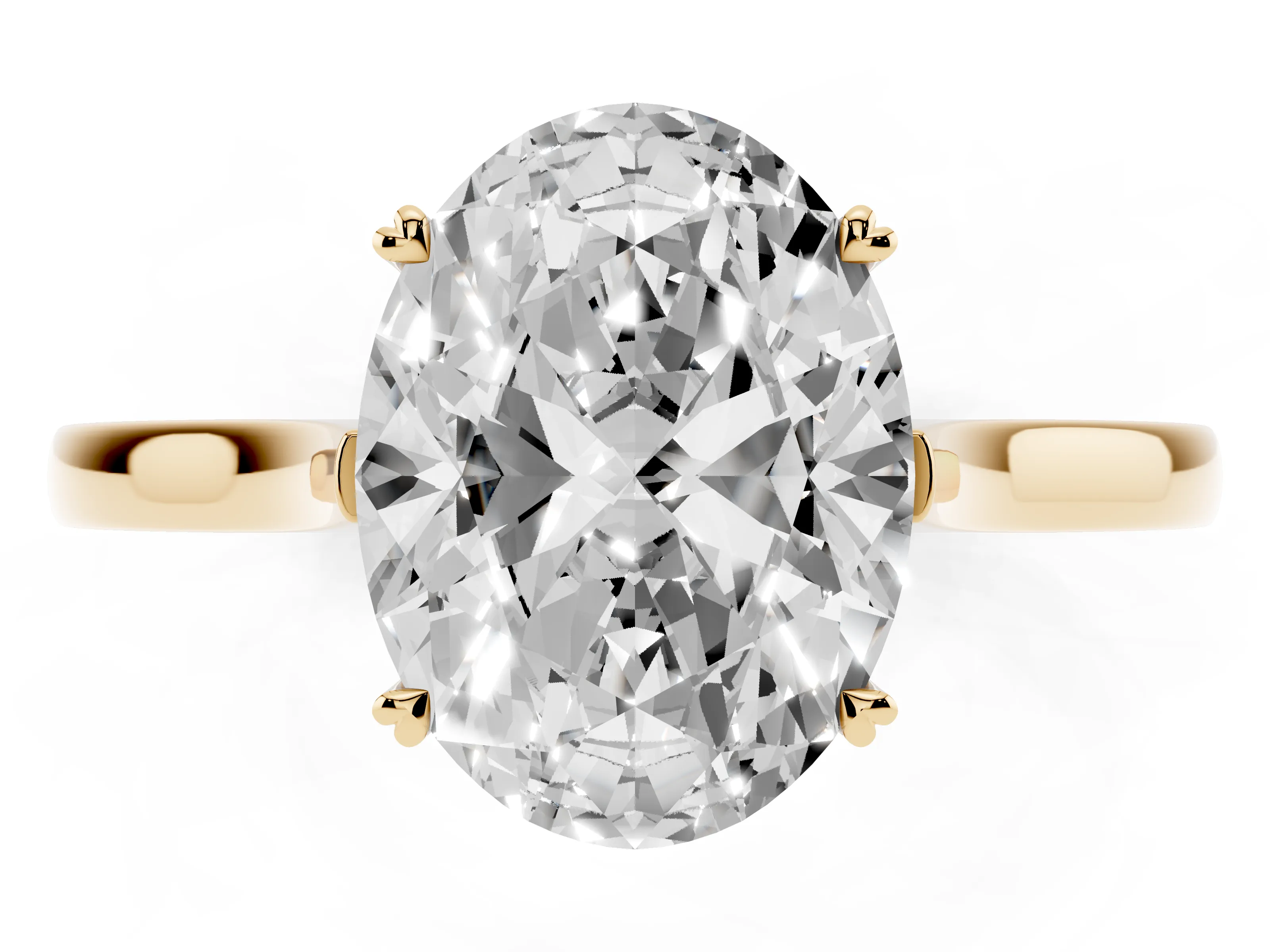 Oval Cut Diamond Solitaire Heart Prong Engagement Ring Set in Yellow gold with Tapered Band