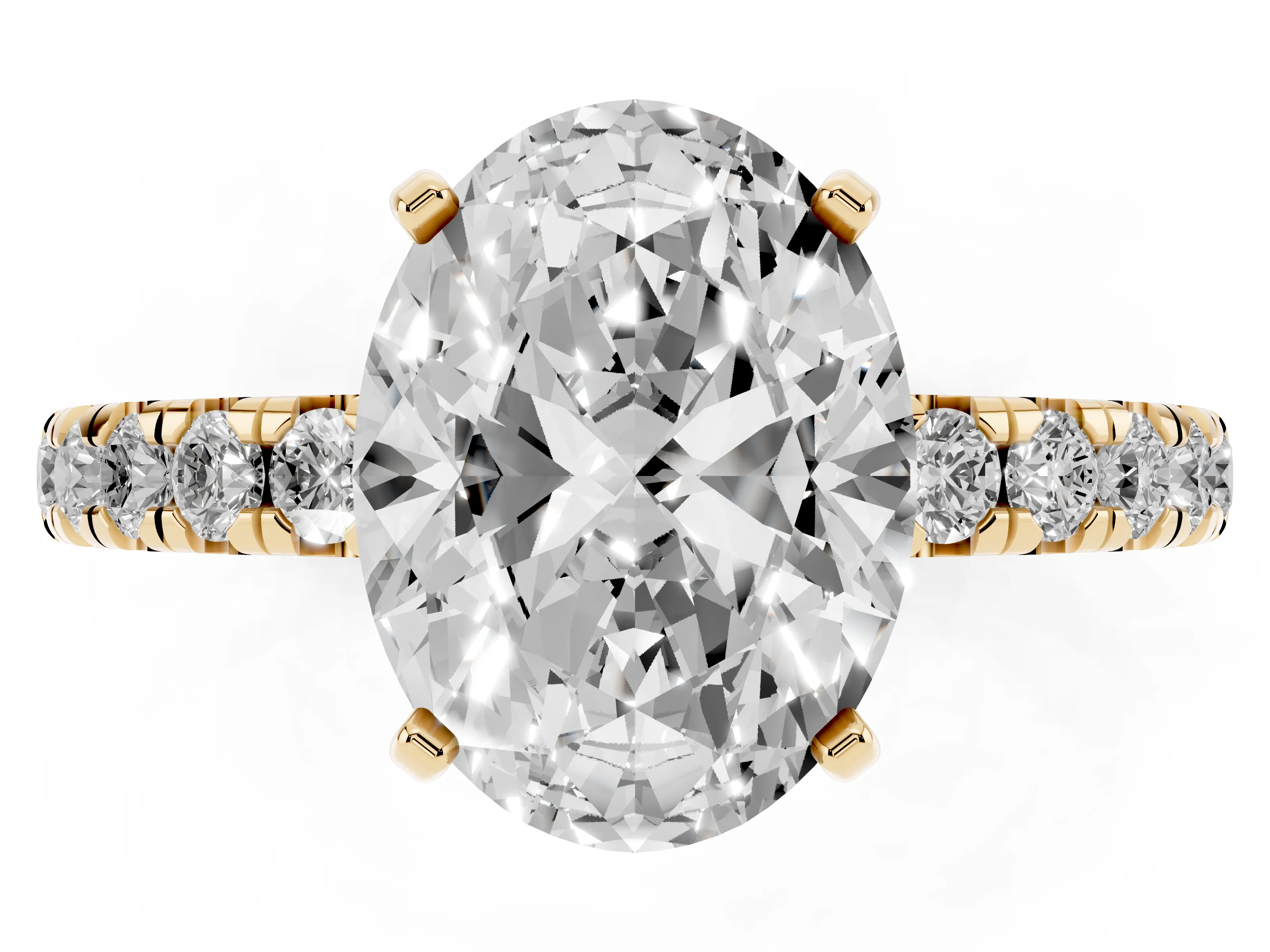 Oval Cut Diamond Pavé Solitaire Ring Set in Yellow gold with Round Band and Prong Setting
