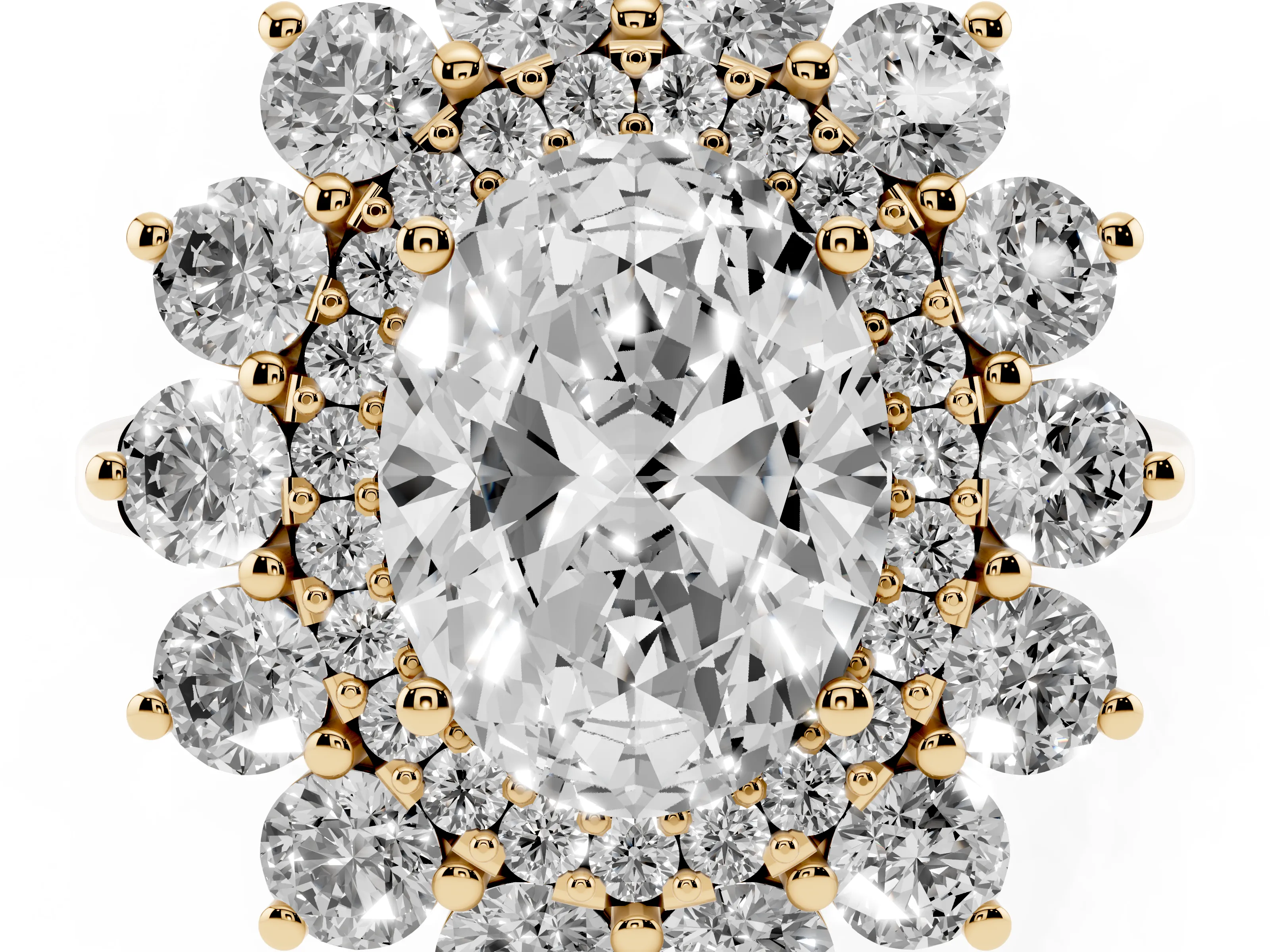 Oval Cut Diamond Floral Double Halo Ring Set in Yellow gold with Round Petals