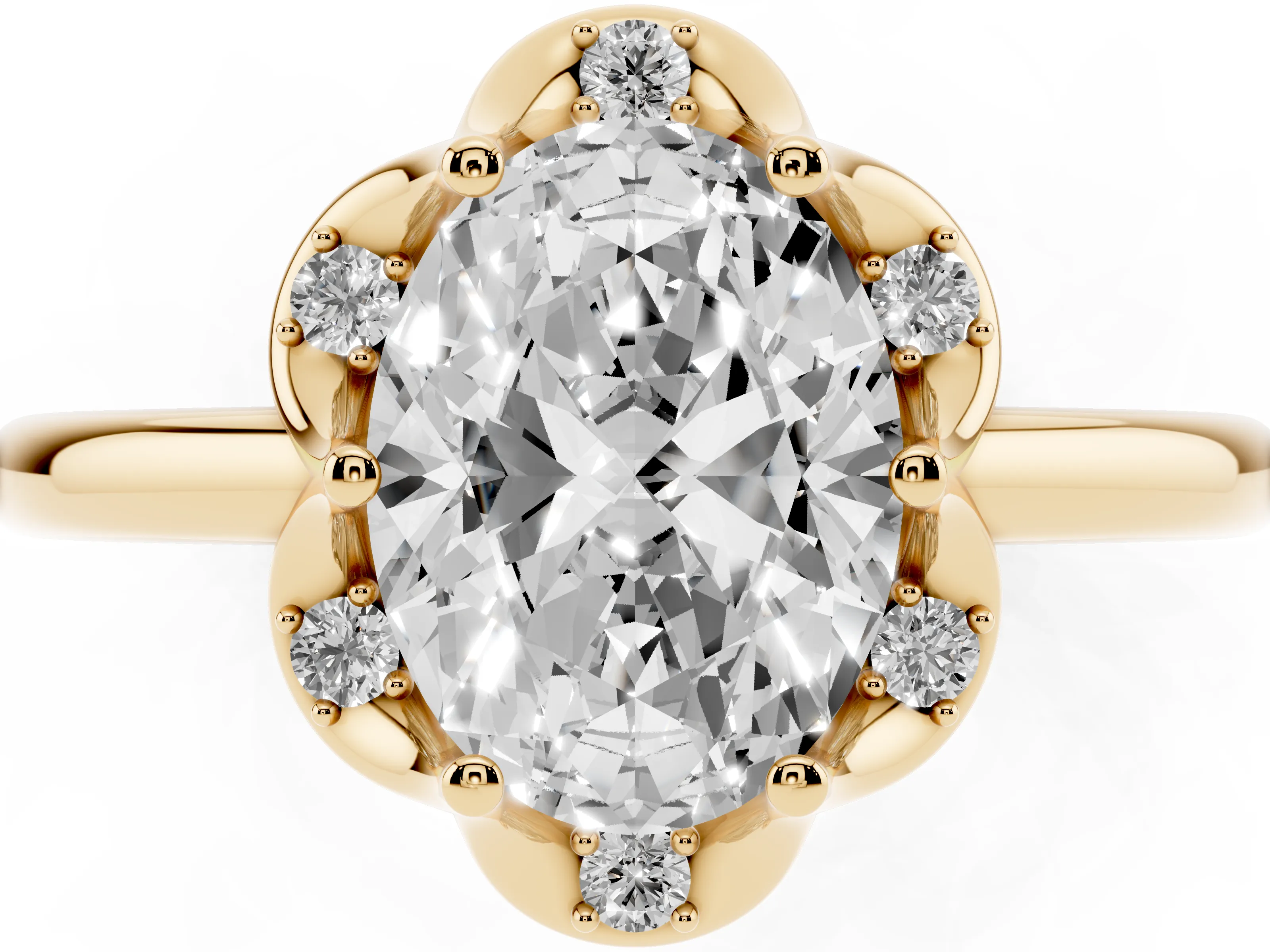 Oval Cut Diamond Round Cluster Halo Ring Set in Yellow gold with Solitaire Band and Prong Setting