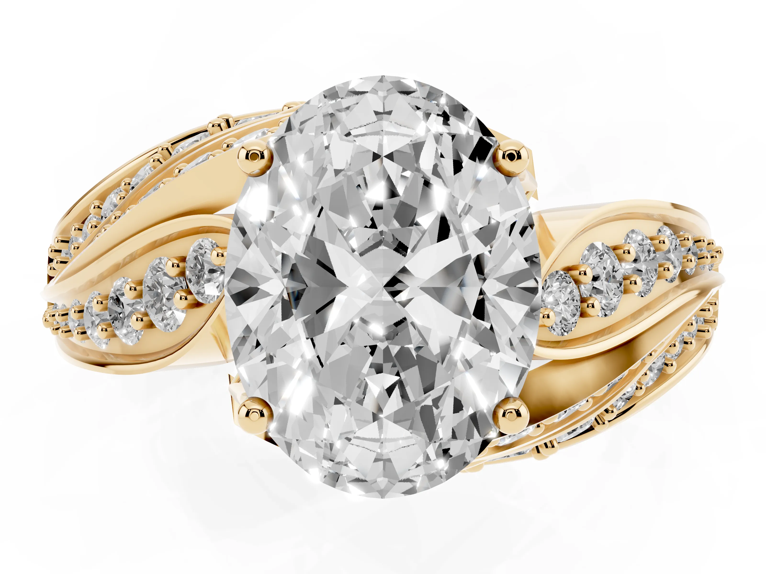 Oval Cut Diamond Solitaire Ring Set in Yellow gold with Layered Twist Pavé Band