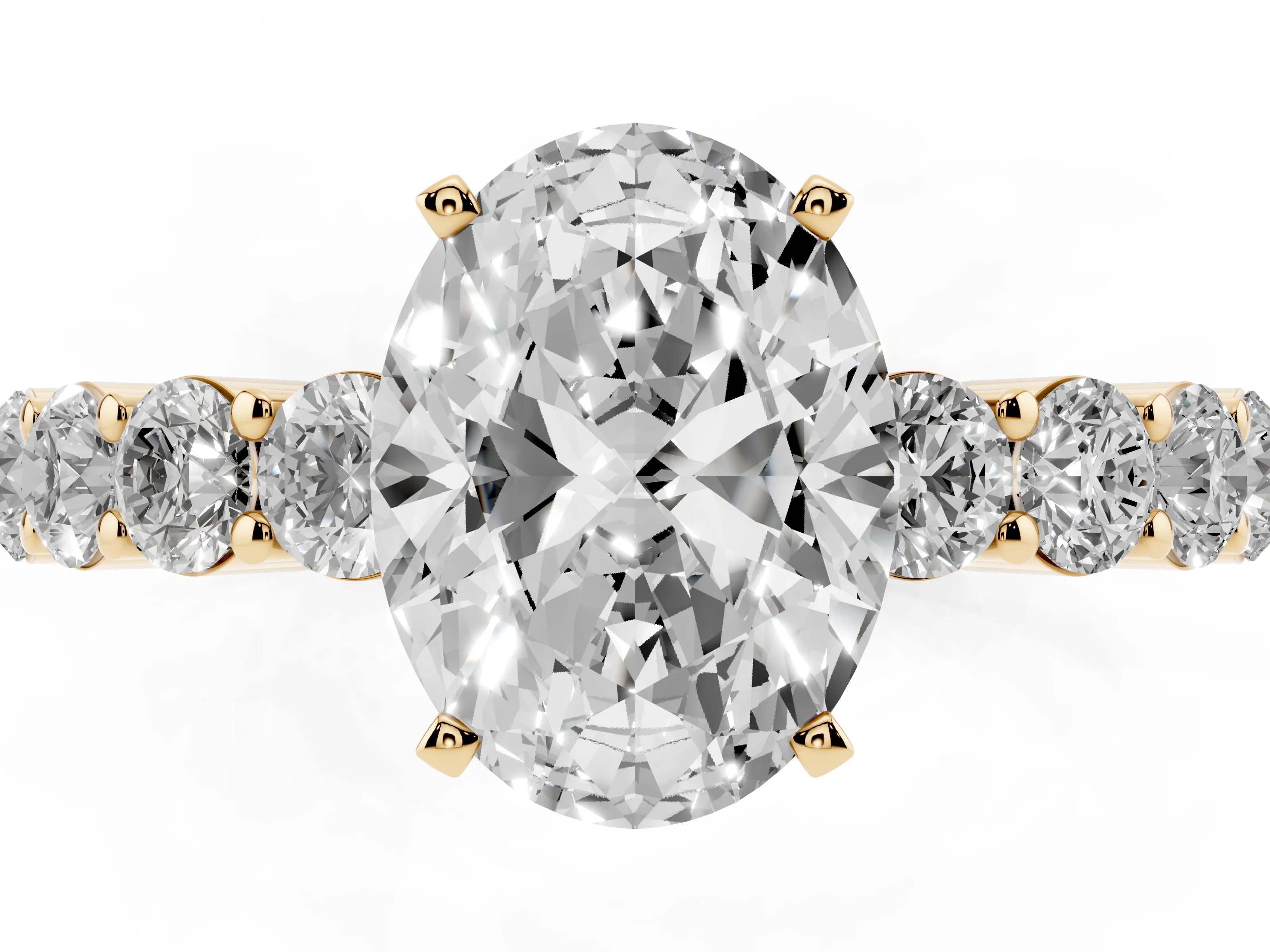Oval Cut Diamond Solitaire Ring Set in Yellow gold with Shared Prong Round Side Stones