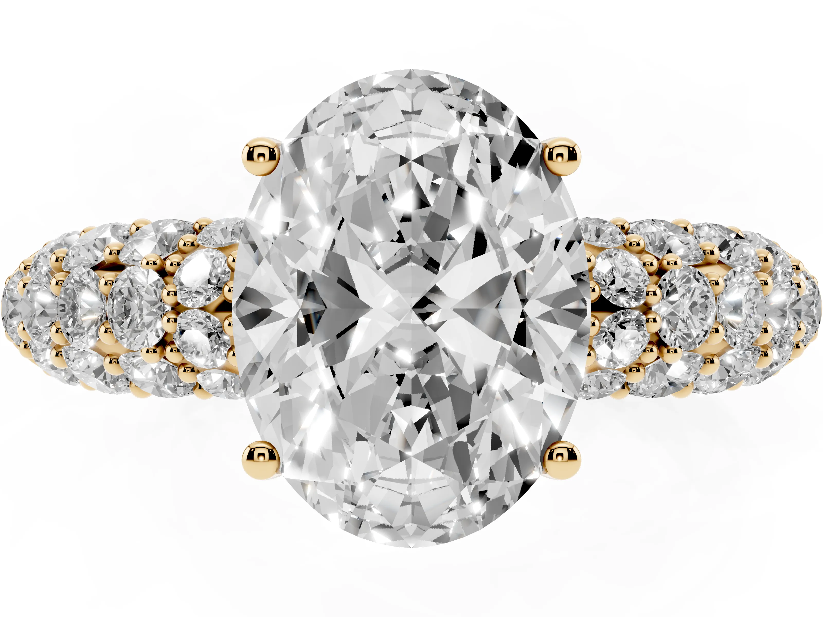 Oval Cut Diamond Pavé Band Solitaire Ring Set in Yellow gold with Close-Set Accent Stones and Prong Setting