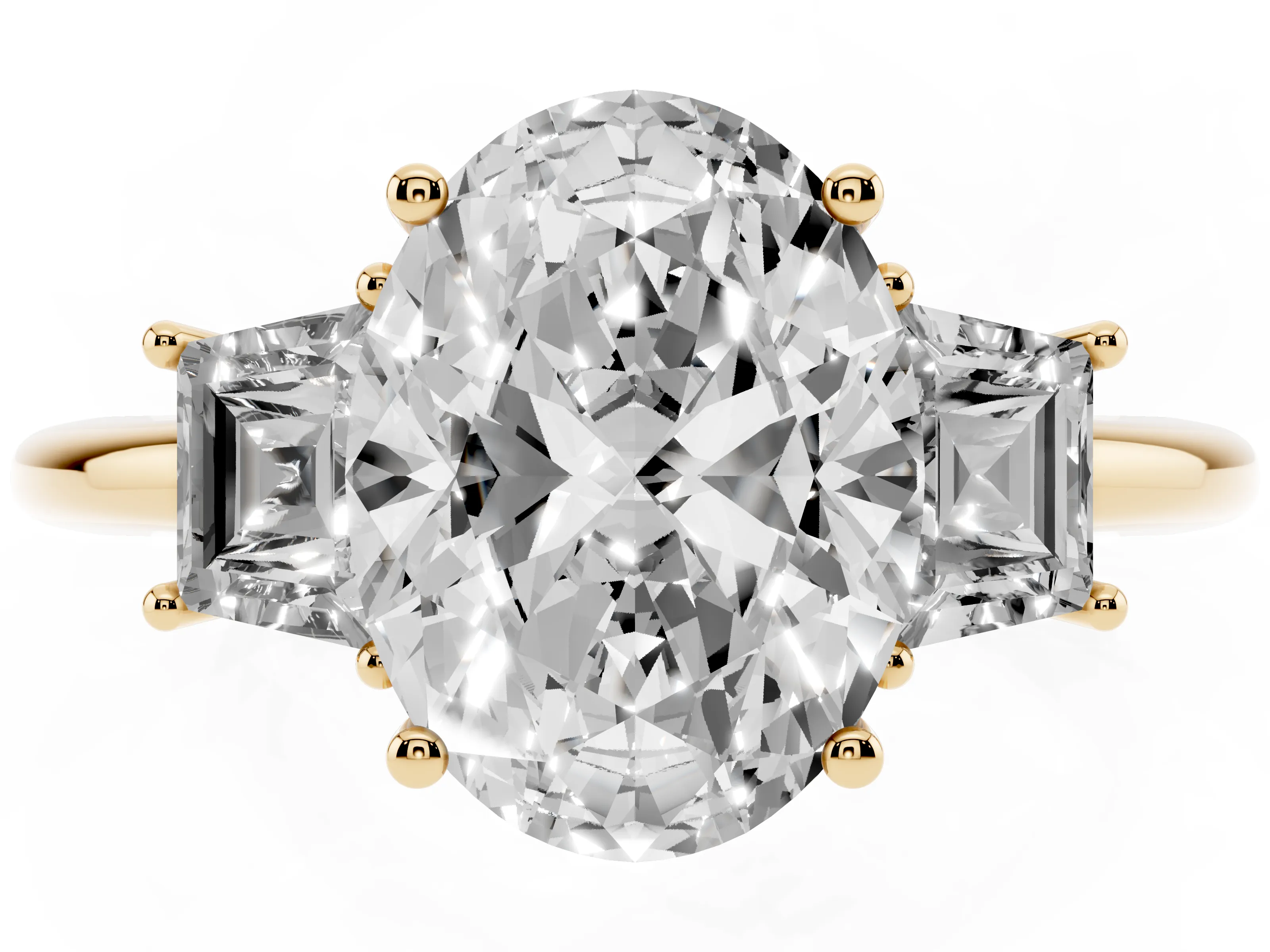 Oval Cut Diamond Three-Stone Ring Set in Yellow gold with Trapezoid Side Stones and Prong Setting