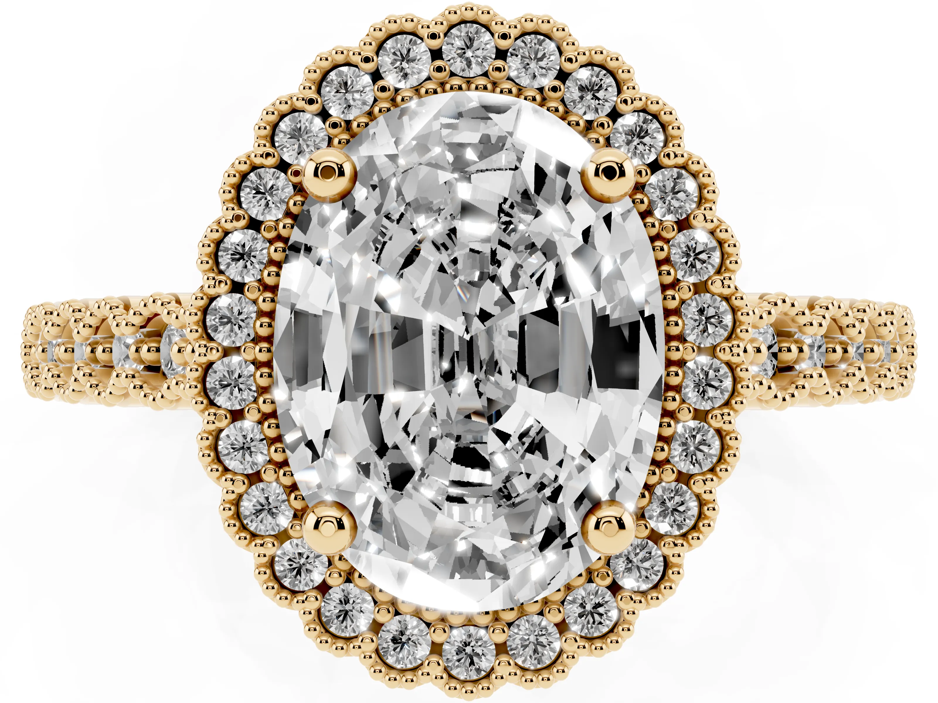 Oval Cut Diamond Halo Ring Set in Yellow gold with Pavé Milgrain Band