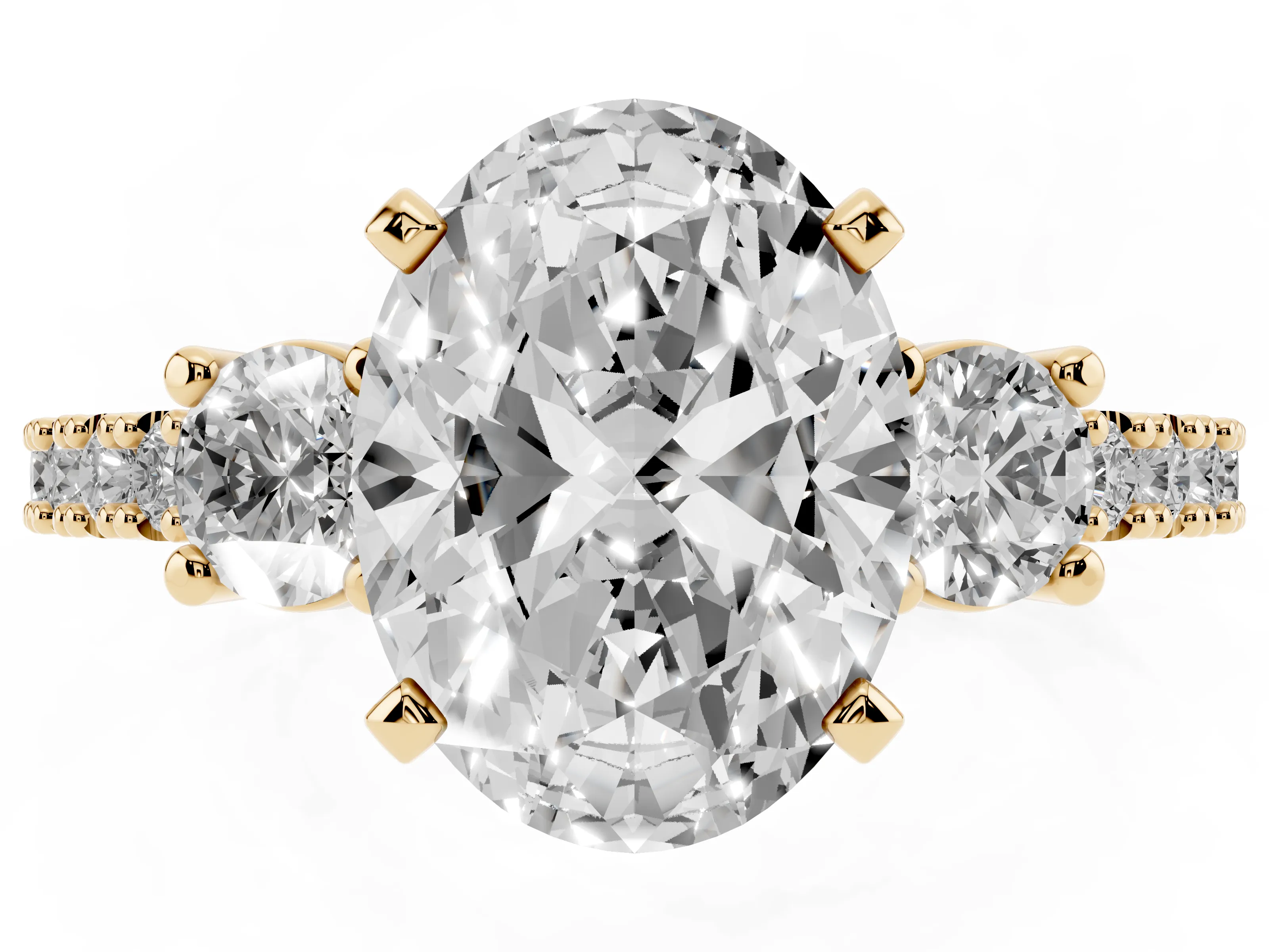 Three-Stone Oval Cut Diamond Pavé Band Ring Set in Yellow gold with Prong Setting