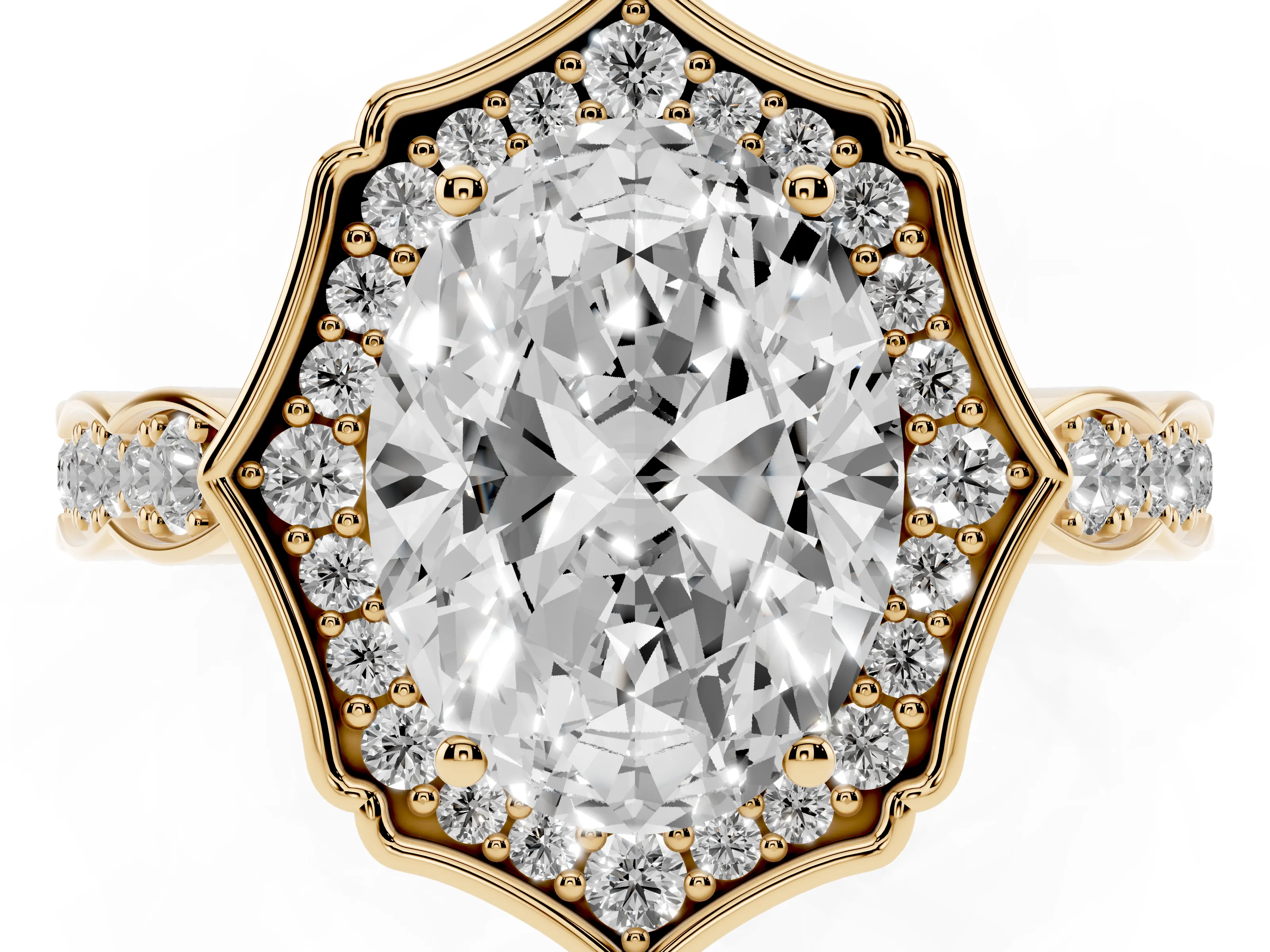 Oval Cut Diamond Halo Engagement Ring Set in Yellow gold with Milgrain Band and Prong Setting
